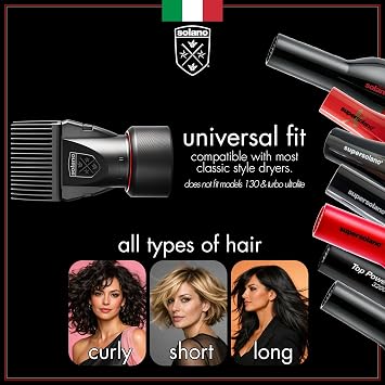 Solano 2 in 1 Dryer Attachment Universal Professional Comb & Concentrator - Italian Made - Straighten Hair - Comb Gentle on Scalp