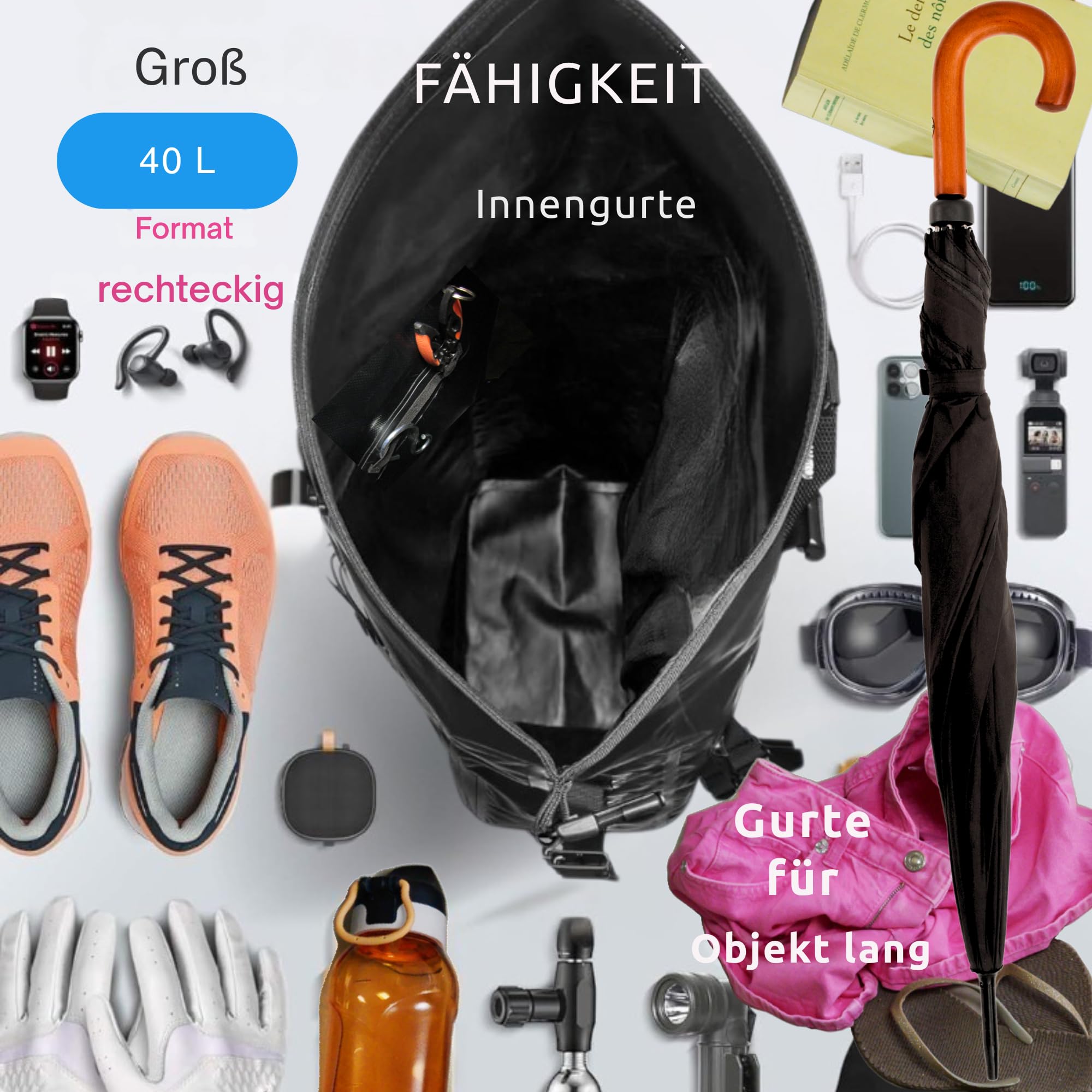 Rucksack, wasserdicht, Orange, 30 l, wasserdicht IPX6, für Wassersport, Kajak, Paddle, Boot, viele Befestigungen, Vordertasche, Wassertasche, bequemer Transport