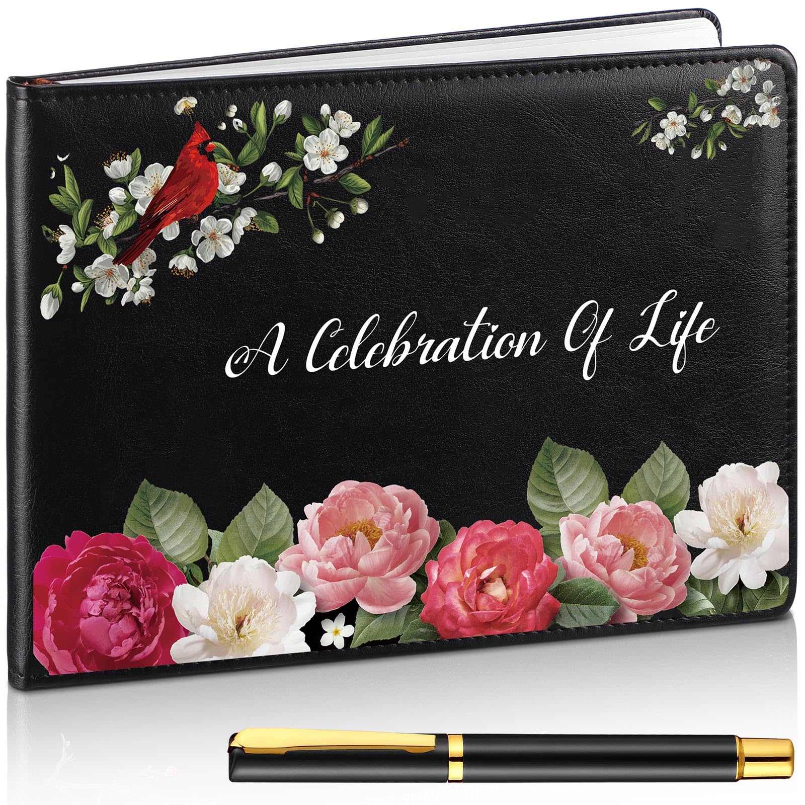 Livre d'or funéraire noir fleur avec stylo cardinal commémoratif de 144 pages