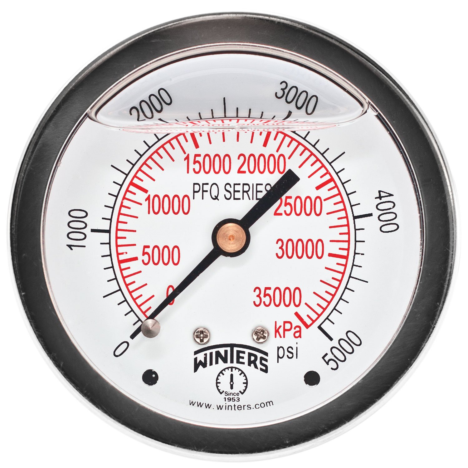 Winters 2-1/2" Dial Size, Liquid Filled Industrial Pressure Gauge, Brass Internals, 304 Stainless Steel Case, Dual Scale 0-160 psi/kPa, 1.5% Acc, 1/4" NPT Back Mount, Glycerin Filled Pressure Gauge