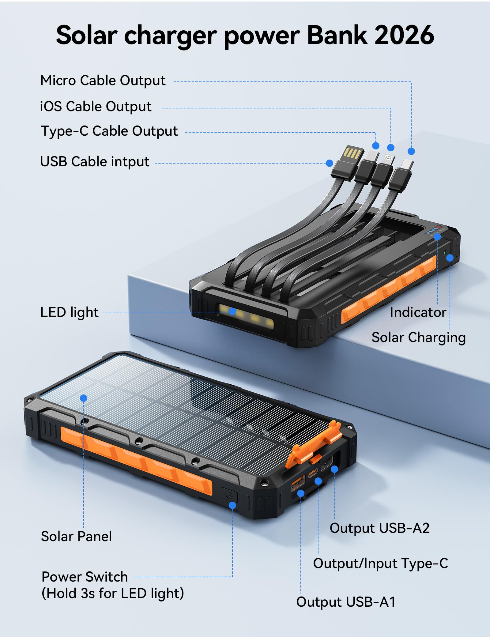 Cargador solar de batería de 20000 mAh, cargador de batería solar para teléfono celular, carga rápida de 20 W, cables integrados, batería externa portátil de camping Essentials compatible con