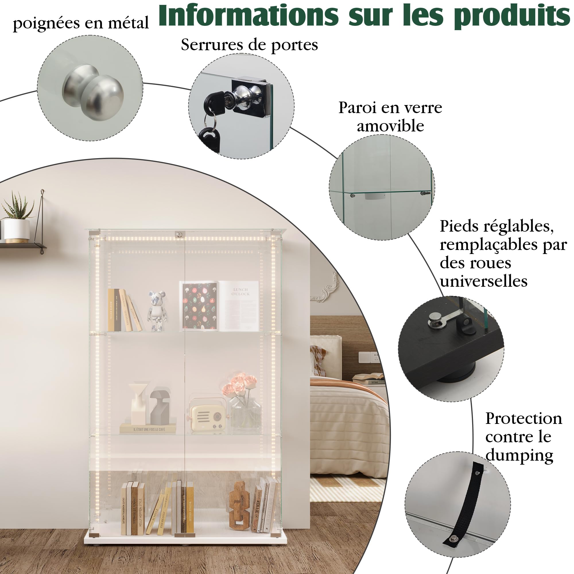 Vetrina in Vetro con LED, Armadio in Vetro da Esposizione con 2 Ante 3 Ripiani e Serratura Vetrinetta per Collezionismo Vetrina Soggiorno Moderna per Centro Commerciale (Bianco, striscia luminosa)