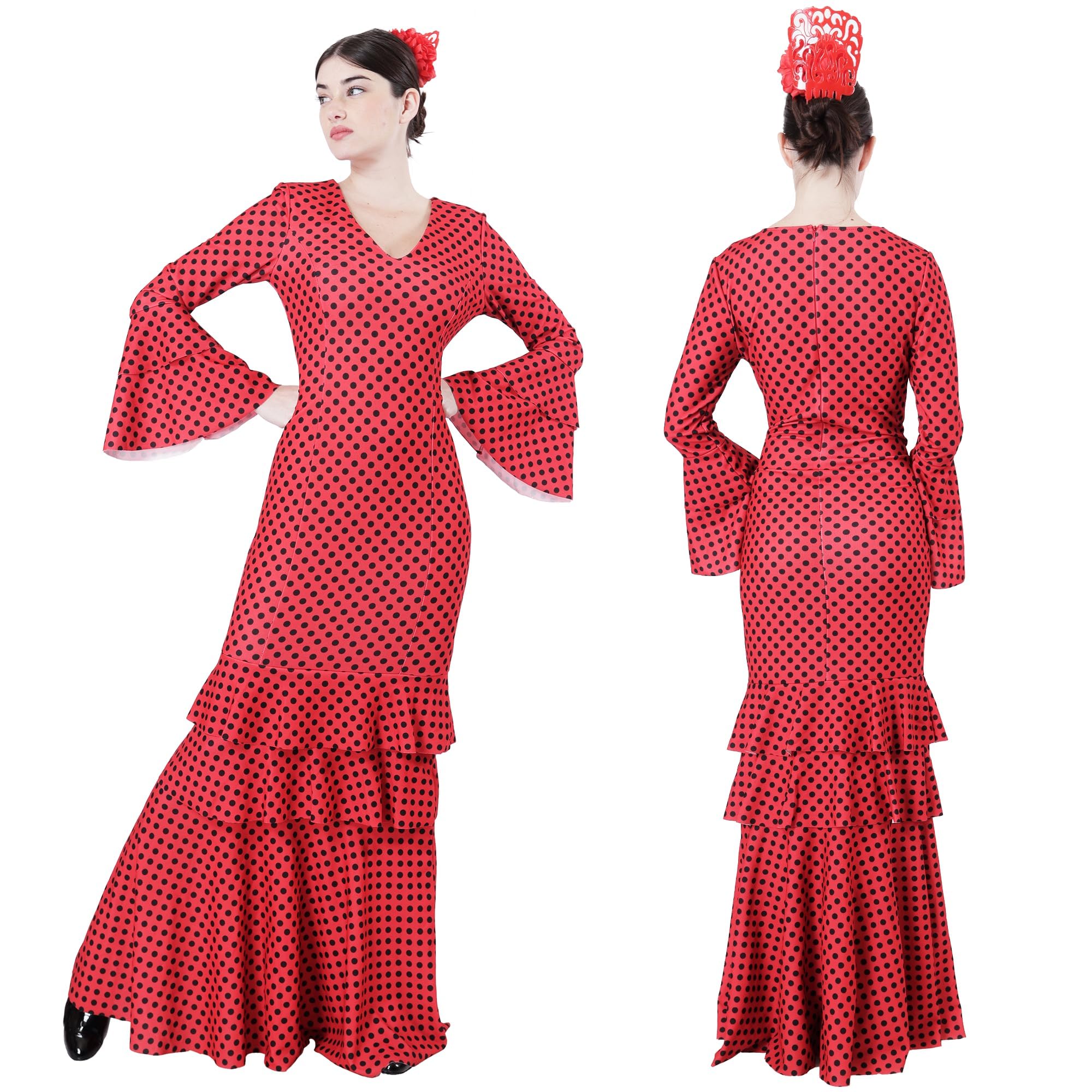 Vestido sevilliana Disfraz de Flamenca para Mujer, Traje de Sevillana Gitana Andaluz con Lunares Ideal para Feria de Abril y Carnaval