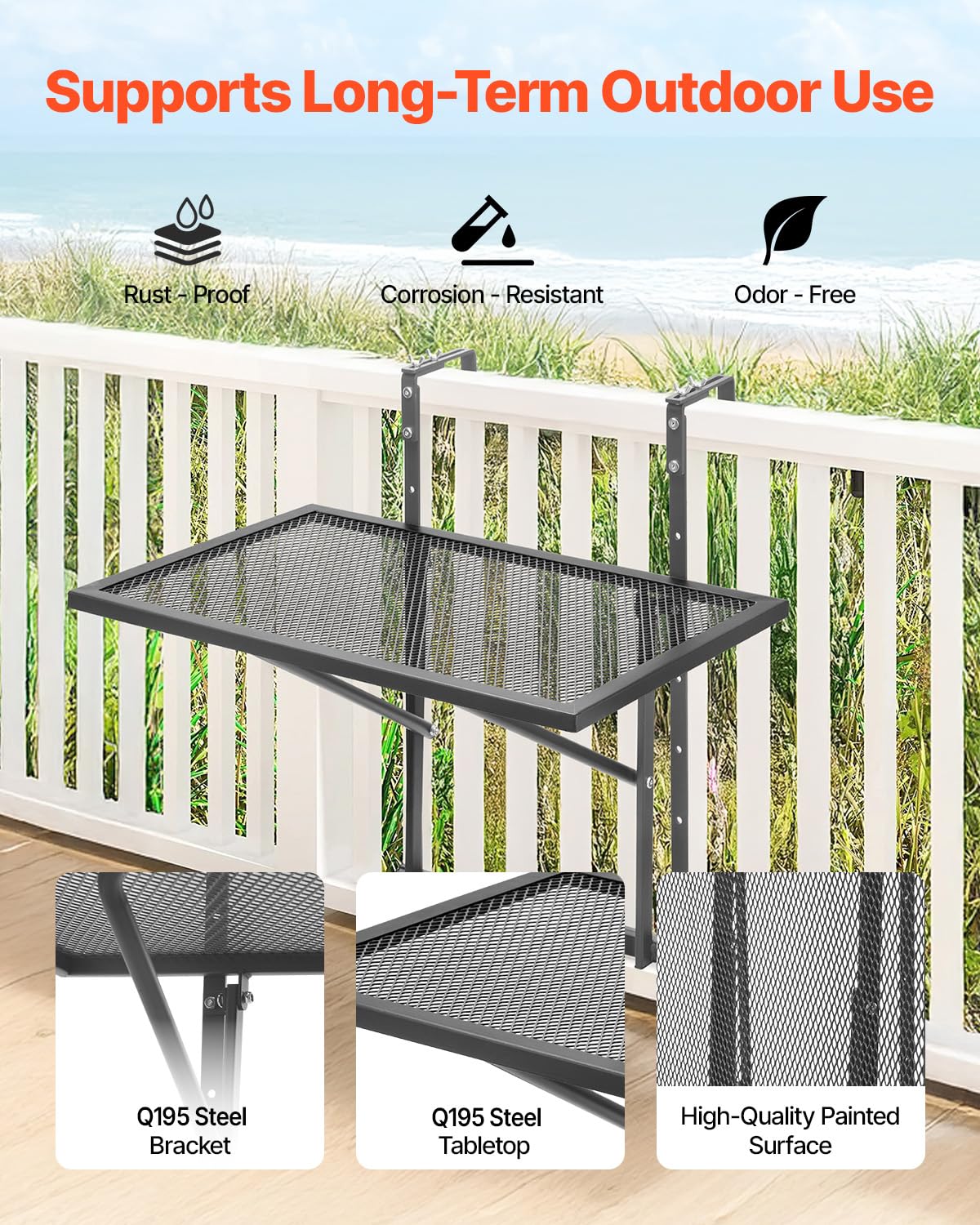 VEVOR Table Suspendue Balcon, 610 x 530 x 590 mm, Table de Bar Pliante Métal pour Balustrades de Balcon Extérieur, avec Plateau 610 x 410 mm, Réglable sur 5 Niveaux, pour Garde-corps de Patio Terrasse