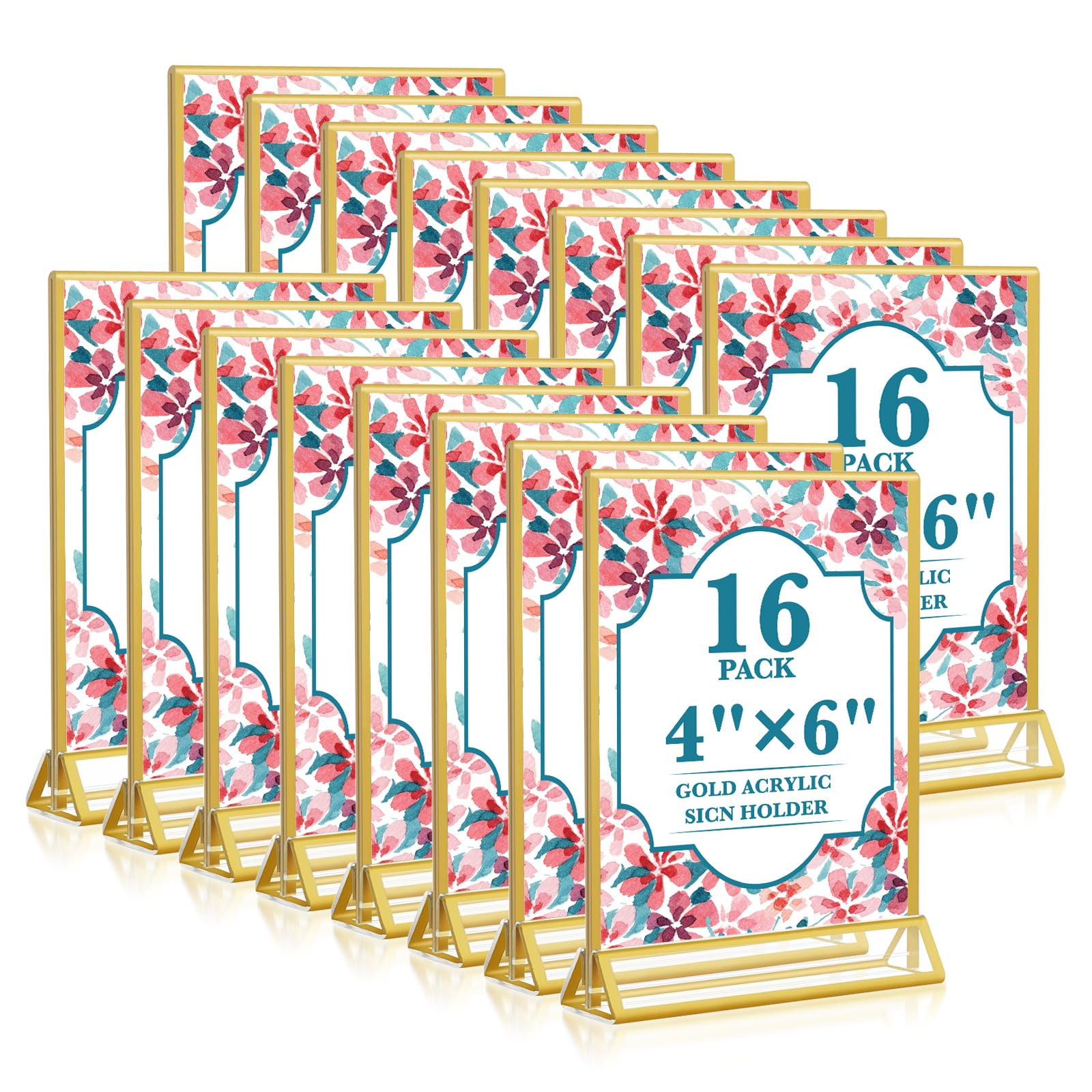 Gold Acrylic Sign Holder 4x6, 16 Pack Wedding Gold Frame Table Number Holders Vertical, Clear Picture Frames Flyer Stands Tables Menu Holder, Double