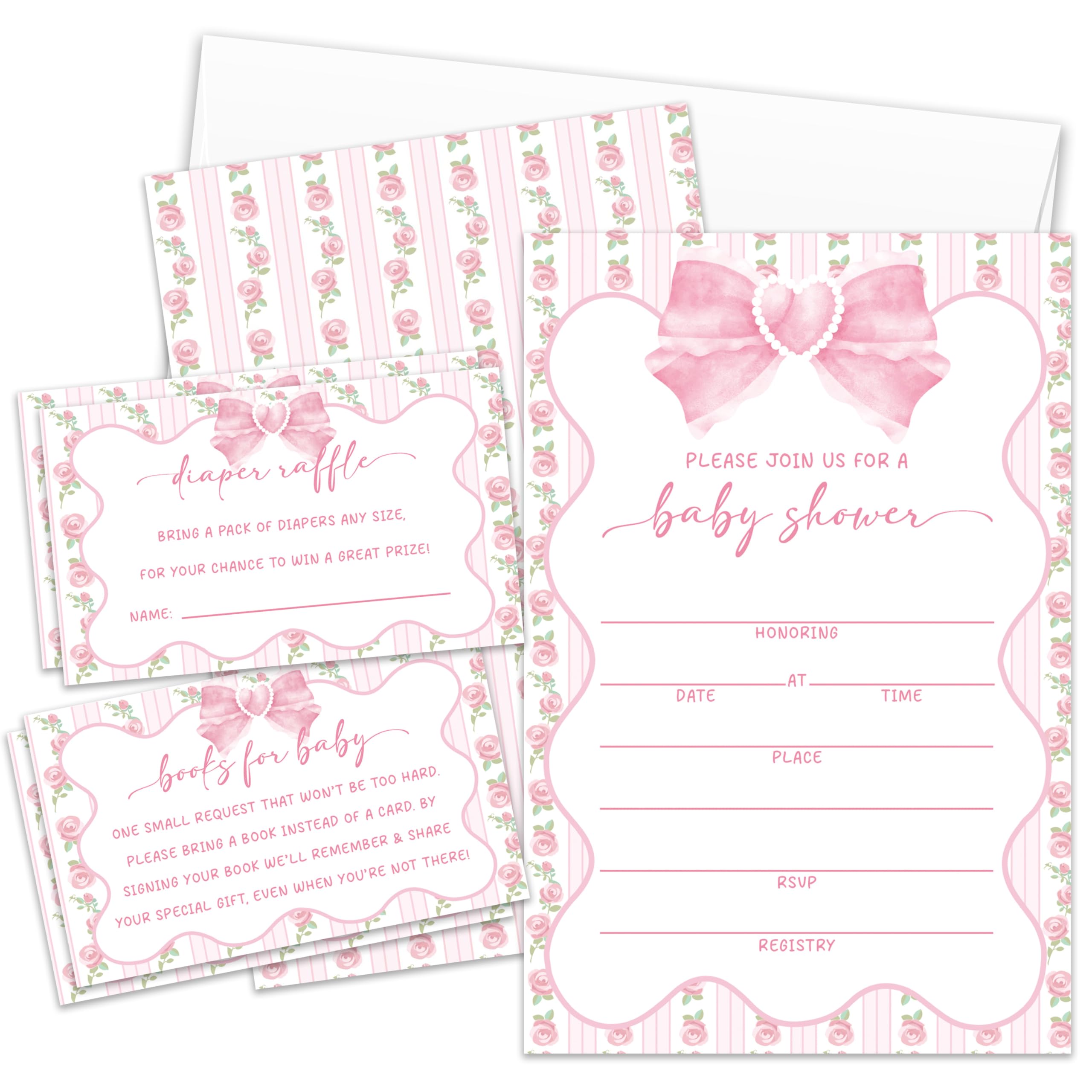 lamocho Pink Bowknot Shower Invitations For Girl, Flower Baby Invites, Diaper Raffle Tickets Diaper Raffle Cards, Book Request Cards Fill in Blank (25 Pcs & Envelopes)/Baby Set-02