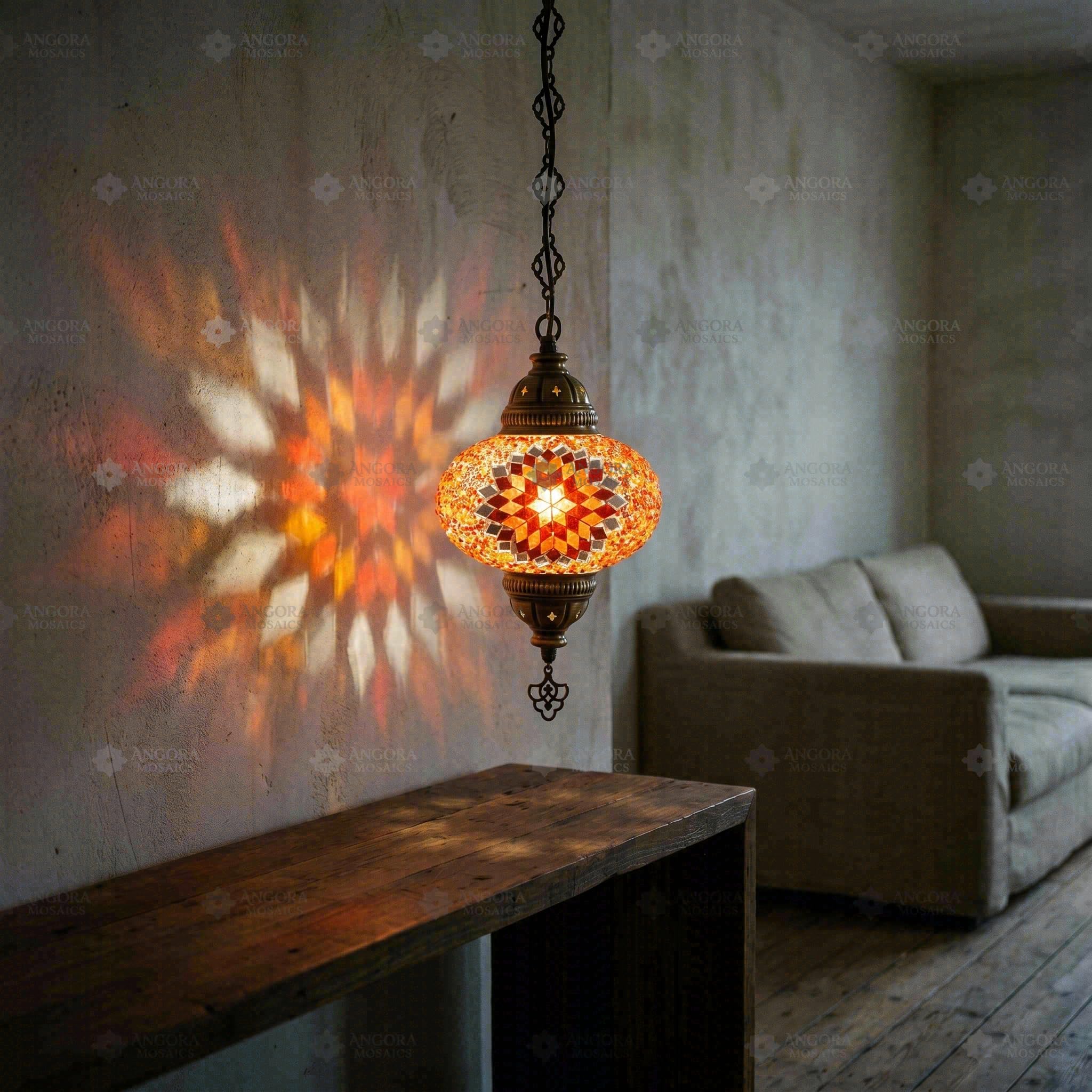 ENVA Amber Hanging Turkish Mosaic Lamp - Handmade Mosaic Glass Chandelier - Moroccan Boho Pendant Light - Starburst Pattern
