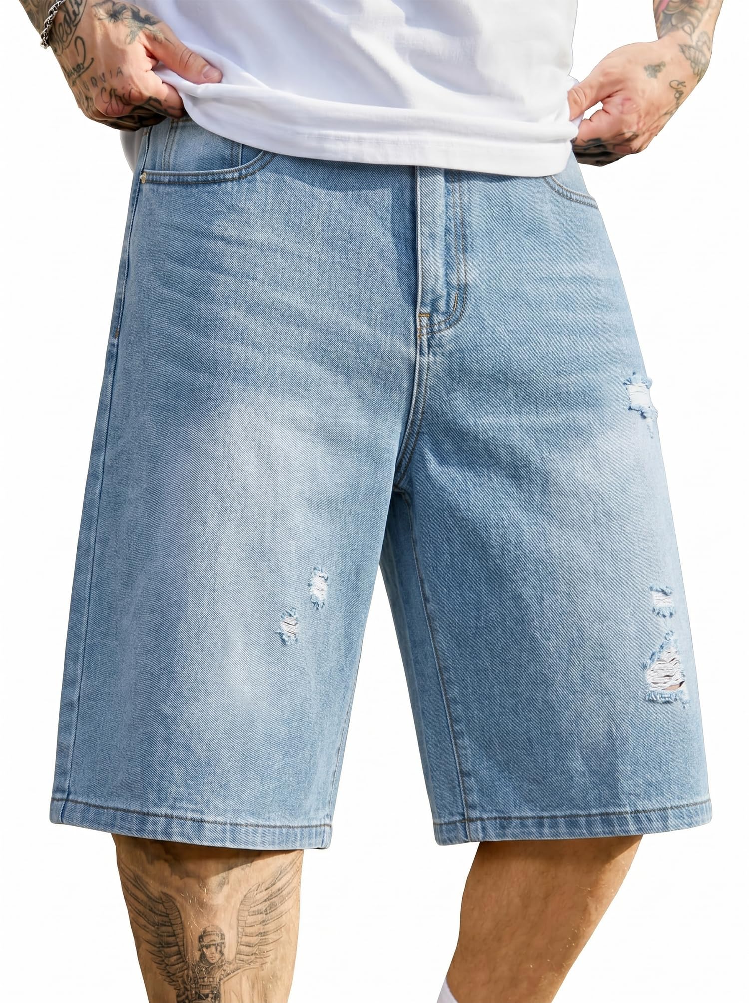 PLEPAN Men's Baggy Jeans Loose Fit Jorts Long Below Knee Denim Shorts