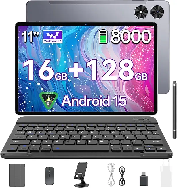 SVITOO Tablet 11 Zoll, Android 15 Tablet 4 GB Arbeitsspeicher + 128GB ROM, T606 Octa-Core, 1280x800 HD, 8000mAh(mit NTC, Widevine L1, 13MP+5MP, 2.4G + 5G WiFi, GPS (Tastatur-Set)