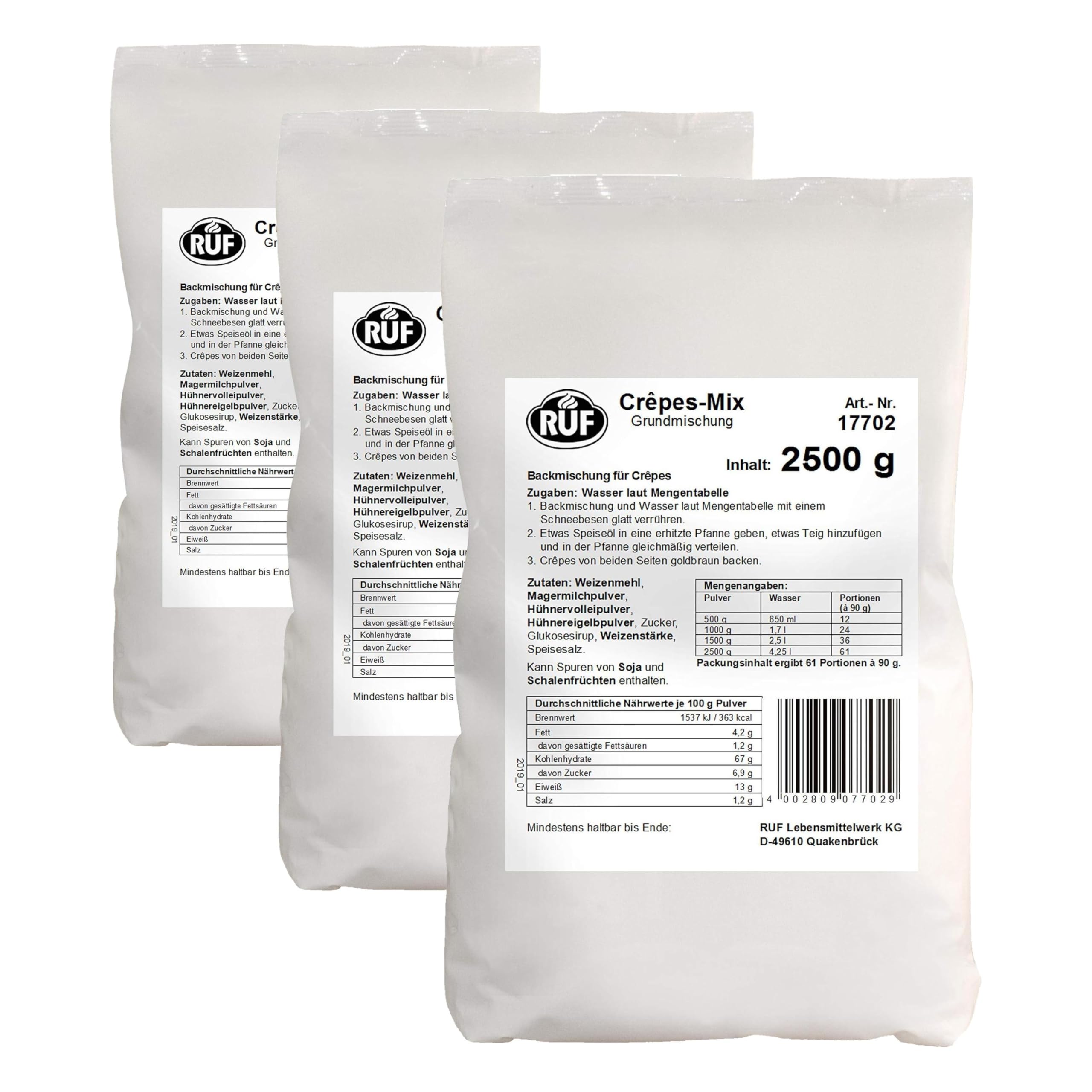 RUF Crêpes-Teig, Großpackung, Backmischung für Crêpes oder Pfannkuchen, einfache Zubereitung mit Wasser, für Großküchen, Hotels und Restaurants, 2500g (Packung mit 3)