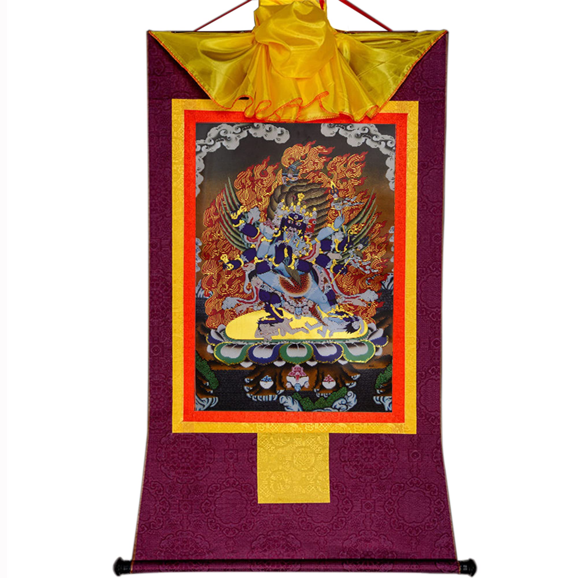 LYVQZPWLR Gandhanra Tibetan Thangka Wall Hanging, Buddhist Tibetan Thangka Brocade Wall Hanging 6-Armed Mahakala Multicolor Multiple Sizes(Purple,Medium(62cm*47cm))