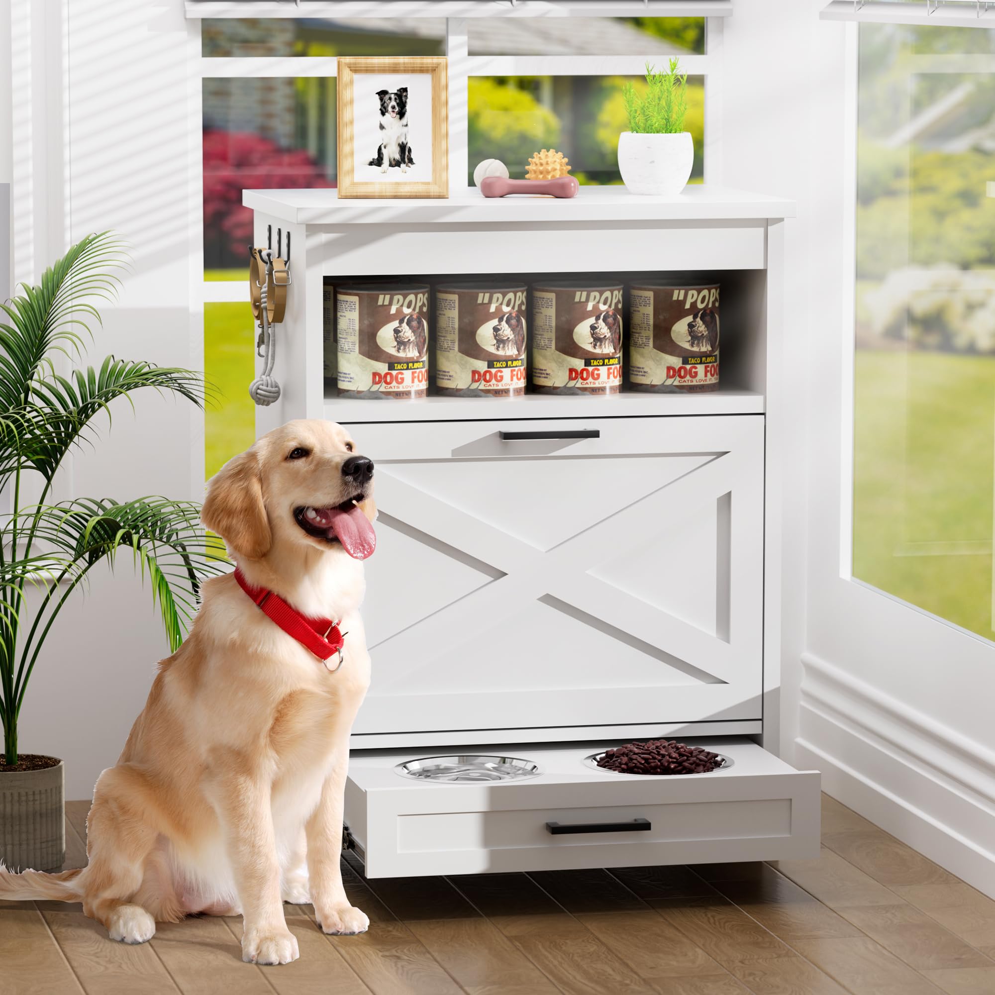 Armadietto moderno per alimenti per cani con 2 ciotole rialzate, stazione di alimentazione per animali domestici con organizer, mobile per alimenti per animali domestici, inclinabile, bianco