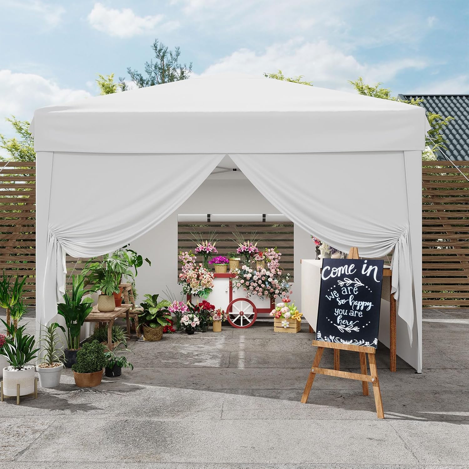 10x10 Pop Up Canopy Tent with 4 SideWalls, Easy Up Canopy with 3 Adjustable Height, Outdoor Sun Shade with 4 Sandbags & Carrying Bag for Camping, Parties,Outdoor Events-White