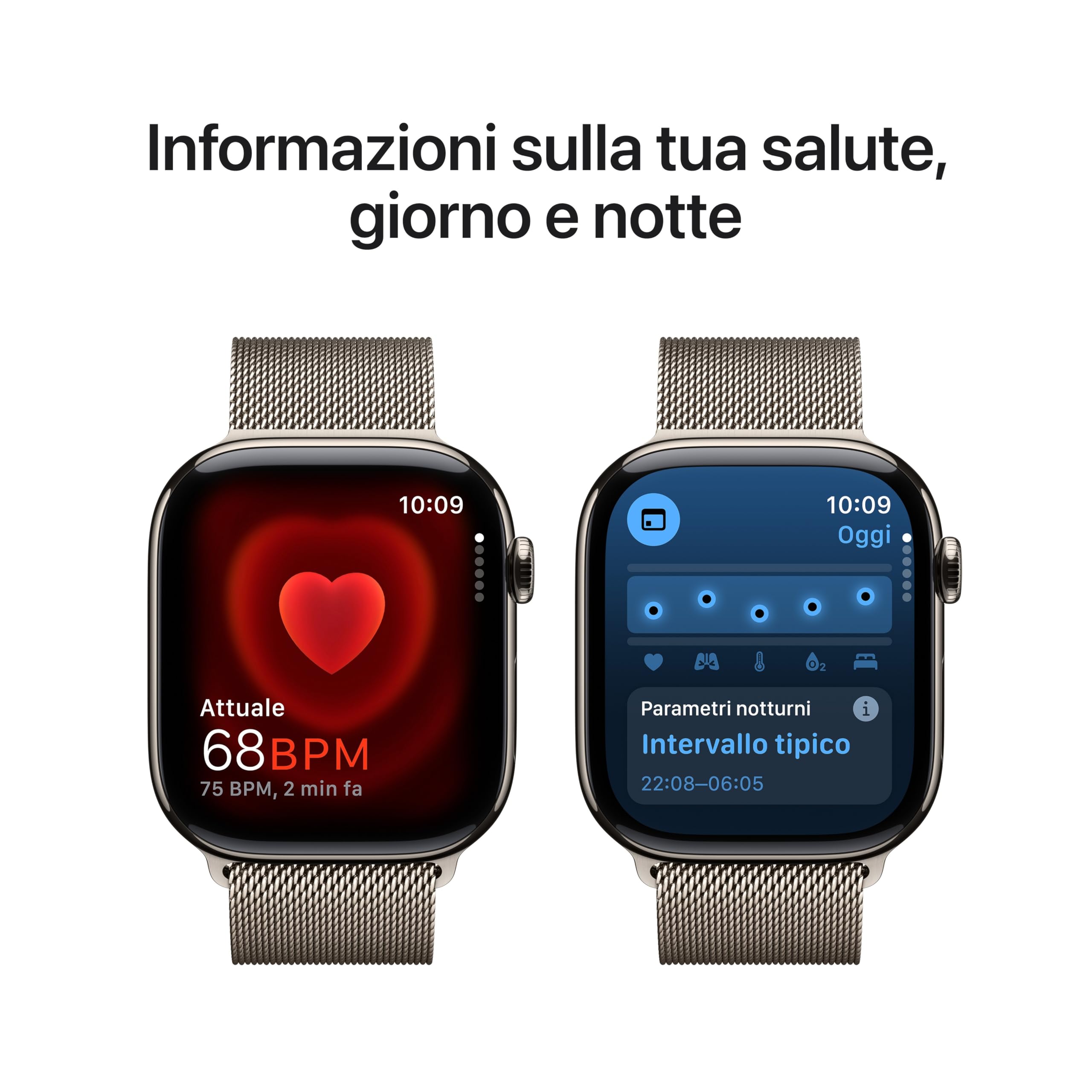 Apple Watch Series 10 GPS + Cellular 46 mm Smartwatch con cassa in titanio color Naturale e cinturino Sport Loop Naturale - S/M. Fitness tracker, app ECG, display Retina always-on, Carbon Neutral