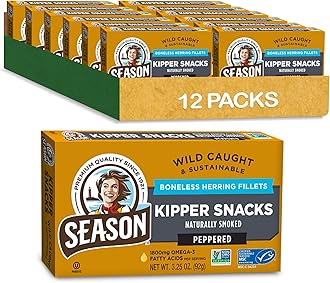 Season Peppered Kipper Snacks - Boneless Herring Fillets, Naturally Smoked Fish, Wild Caught, Keto Snacks, Certified Sustainable Seafood, Non-GMO, 18g of Protein, 1800mg of Omega-3-3.25 Oz, 12-Pack