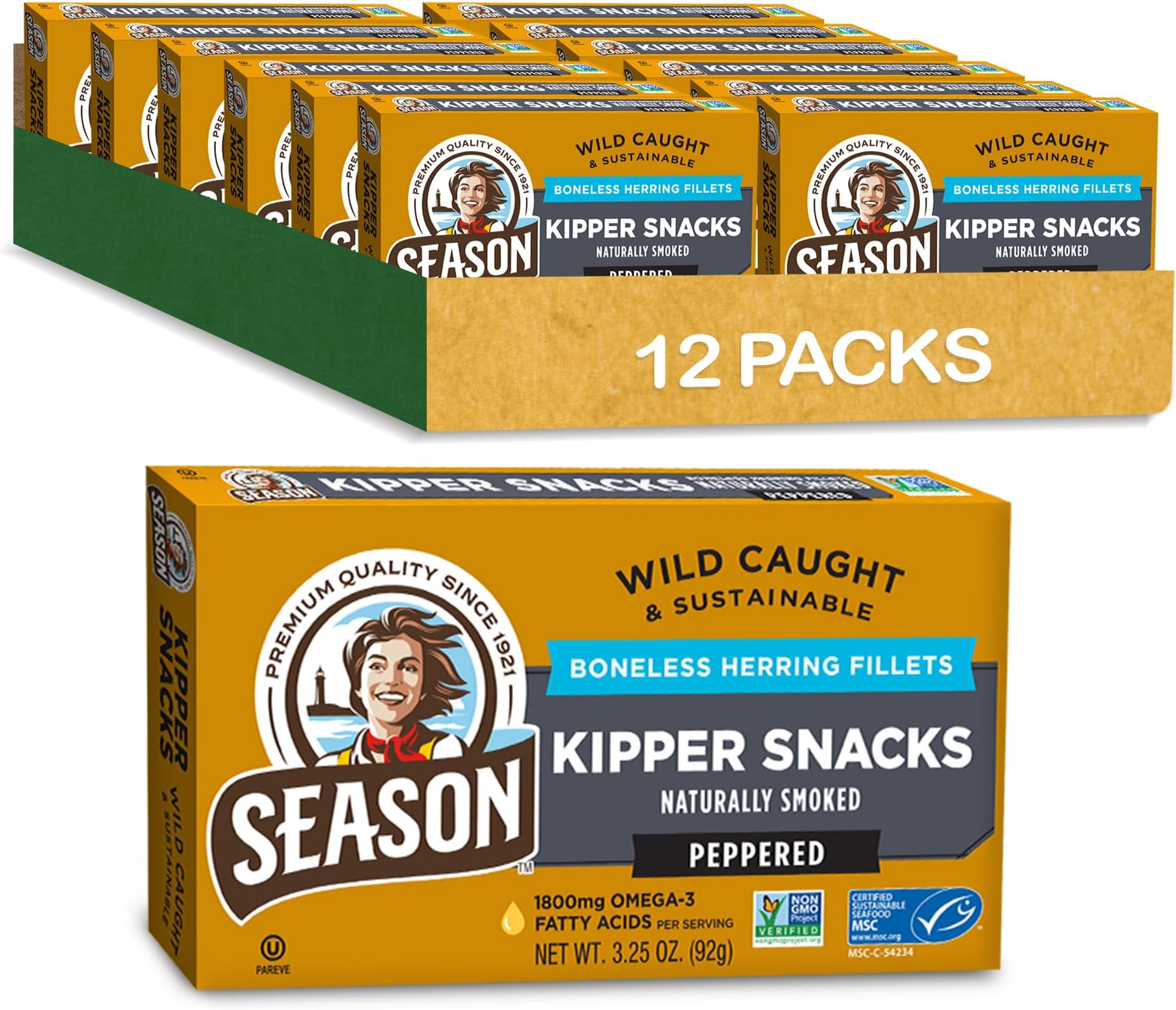 Peppered Kipper Snacks - Boneless Herring Fillets, Naturally Smoked Fish, Wild Caught, Keto Snacks, Certified Sustainable Seafood, Non-GMO, 18g of Protein, 1800mg of Omega-3-3.25 Oz, 12-Pack