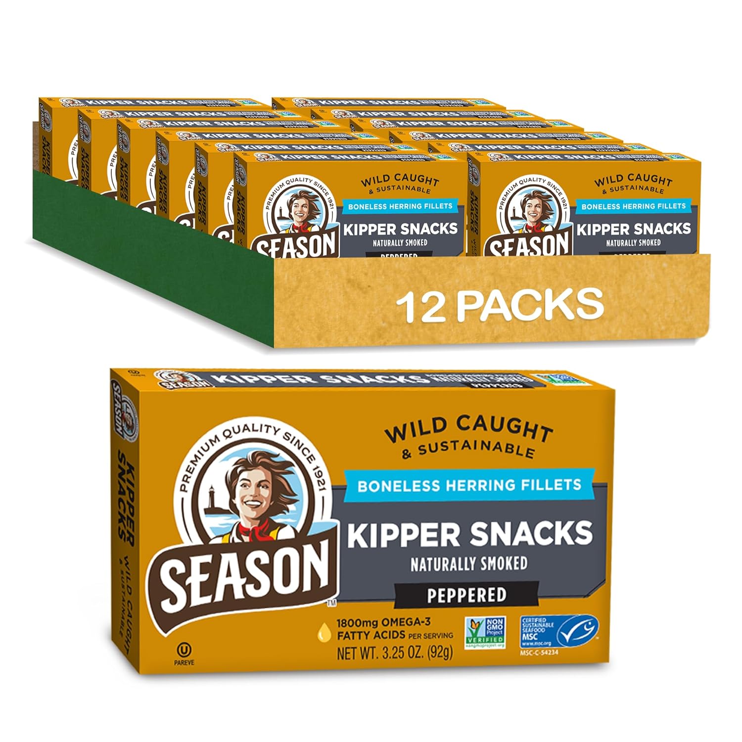 Season Peppered Kipper Snacks - Boneless Herring Fillets, Naturally Smoked Fish, Wild Caught, Keto Snacks, Certified Sustainable Seafood, Non-GMO, 18g of Protein, 1800mg of Omega-3-3.25 Oz, 12-Pack