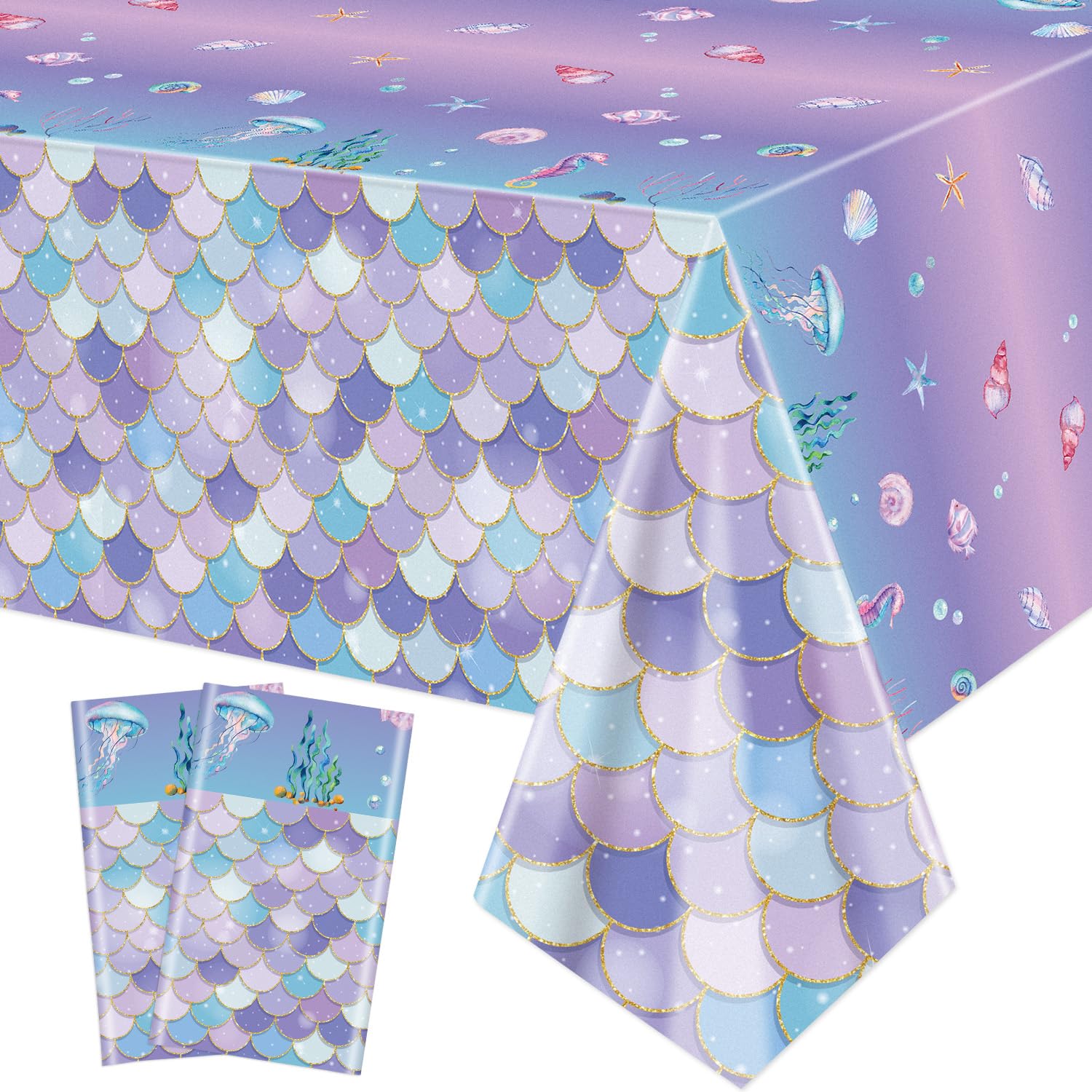 XJLANTTE 2 Pcs Mermaid Tablecloths, Birthday Table Covers, Rectangular Ocean Sea Fish Scales Table Cloths for Girls Under The Sea Baby Shower Party Supplies, 51 x 86 Inch
