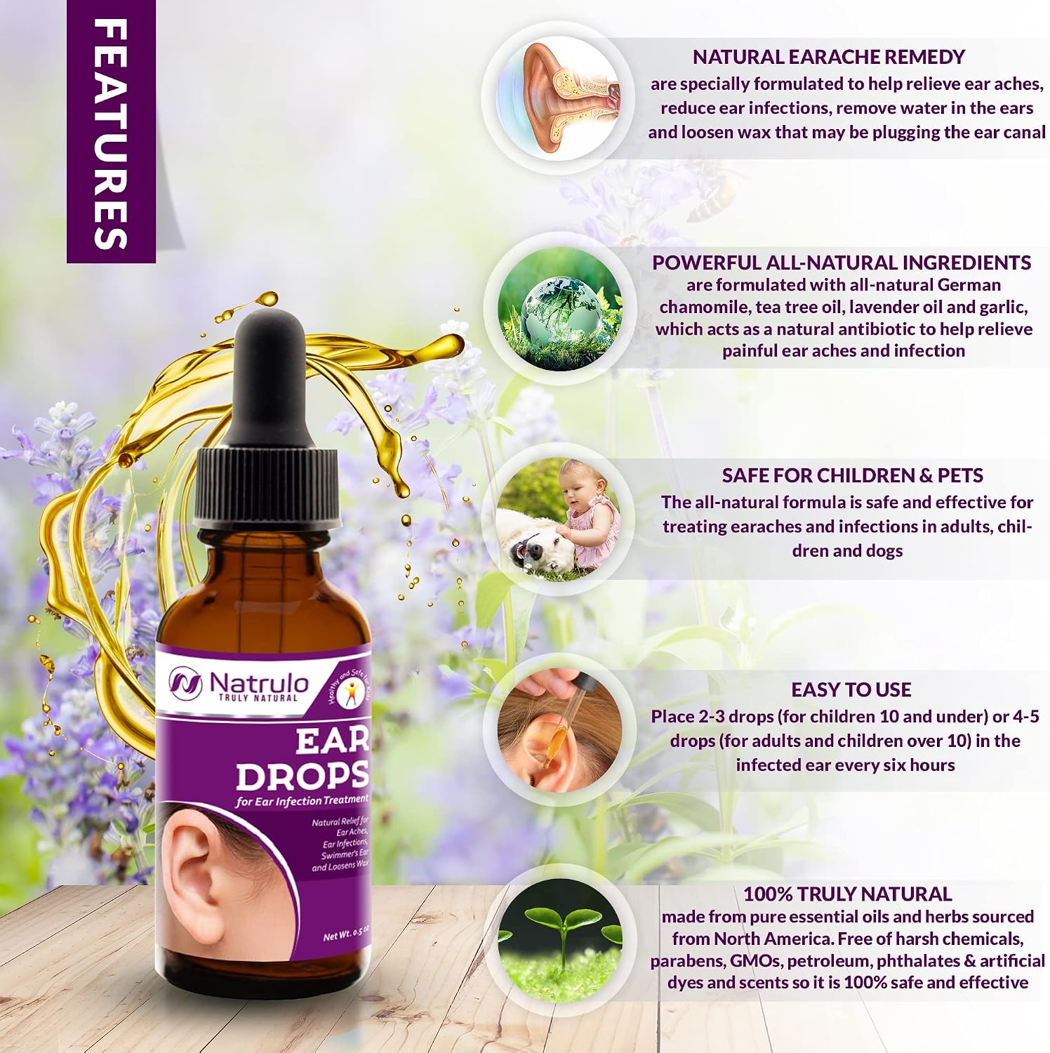 Natural Ear Drops for Ear Pain – Homeopathic Eardrops for Adults, Kids, Baby, & Pets – Relieves Ear Aches, Swimmer's Ear, & Loosens Wax – Kids Safe Ear Health Made in USA