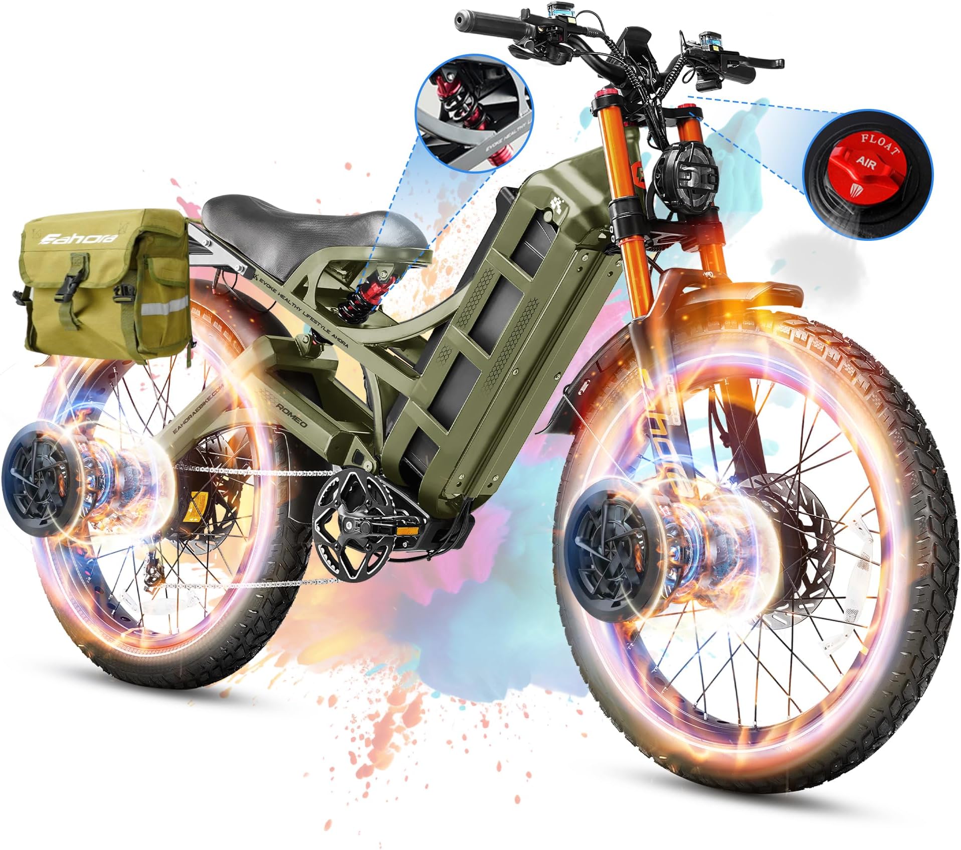 eAhora 2026 Romeo Pro 3/2 50-46Mph Electric Bike for Adults 5600W/4000W/2500W Dual Motor Ebike 60V/80Ah 52V/70Ah Long Range Fat Tire Full Suspension Electric Mountain Bicycle