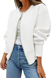 ZESICA Women's Open Front Cardigan Sweater 2026 Spring Casual Knitted Long Sleeve Pearls Trim Outerwear Coat Trendy Clothes
