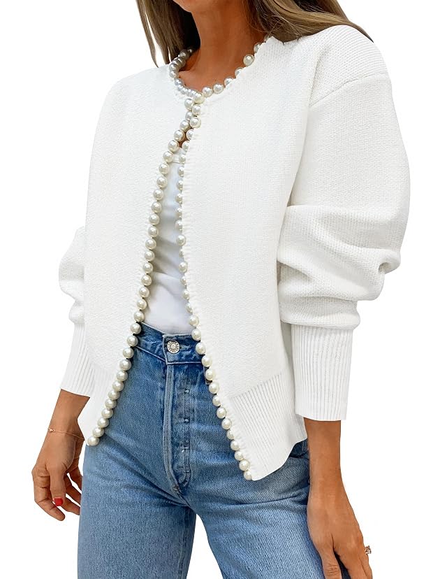 ZESICA Womens Open Front Cardigan Sweater 2026 Fall Casual Knitted Long Sleeve Pearls Trim Outerwear Coat Trendy Clothes