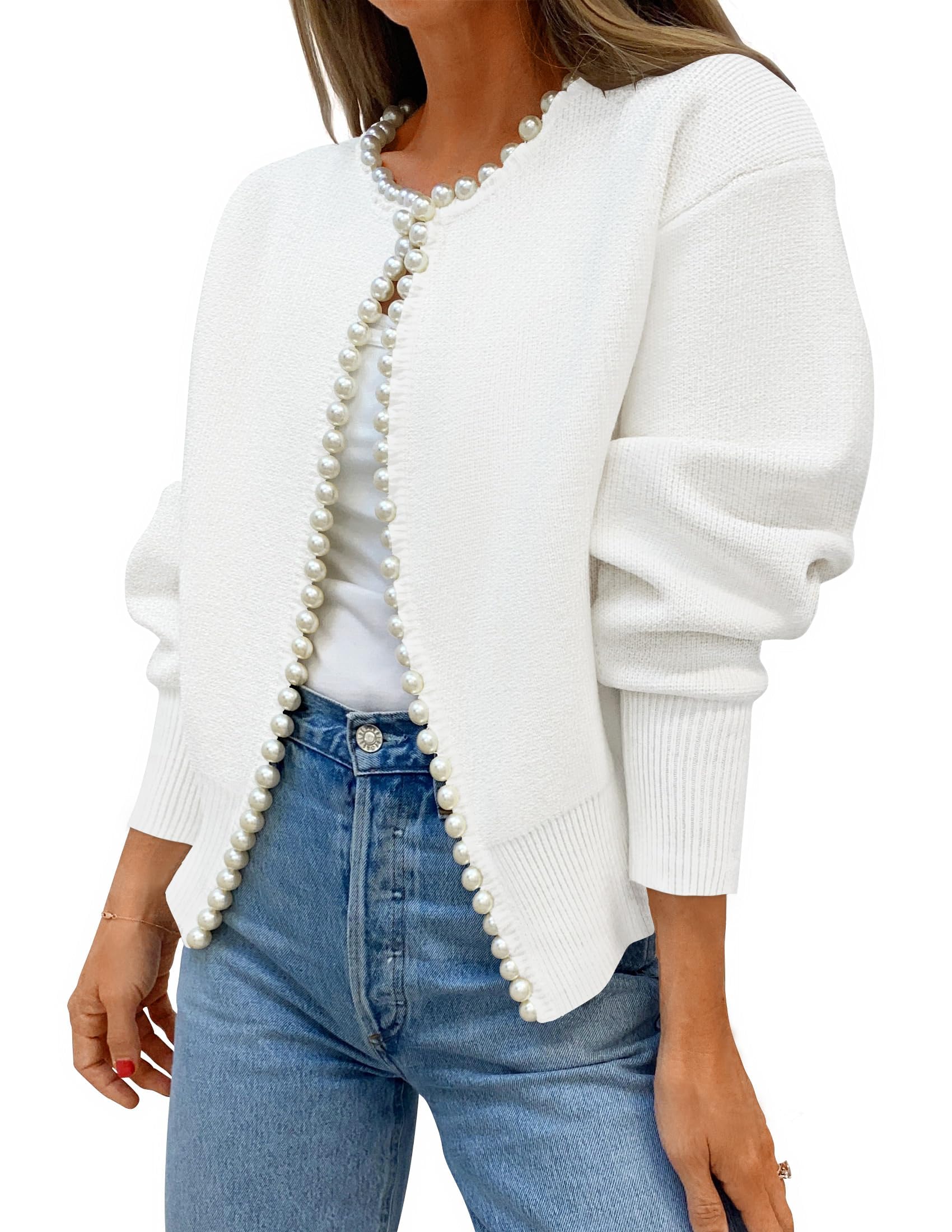 ZESICA Womens Open Front Cardigan Sweater 2026 Fall Casual Knitted Long Sleeve Pearls Trim Outerwear Coat Trendy Clothes