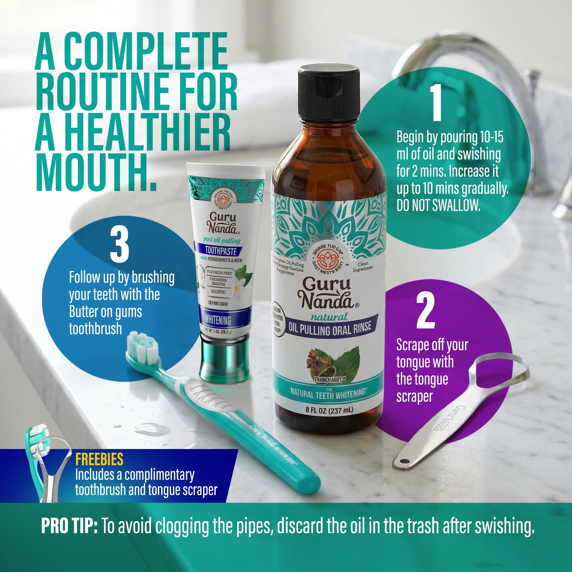 GuruNanda CocoMint Oil Pulling Mouthwash for Complete Oral Hygiene, 7 Essential Oils & Vitamins for Happy Teeth & Gums & Fresh Breath , Alcohol-Free, 8 oz: 8 Fl Oz (Pack of 1) 1 Pack