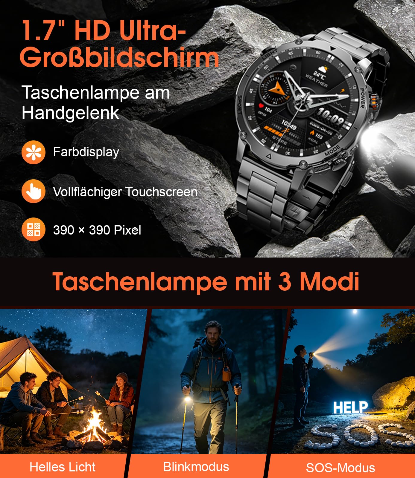 SUNKTA Smartwatch Herren 1400 mAh 20 Tage Akkulaufzeit 1,7″ HD Bluetooth Anrufe Militär Smart Watch für iOS Android,Herzfrequenz/Schlafmonitor/Schrittzähler,Taschenlampe,100+ Sportmodi,Grau