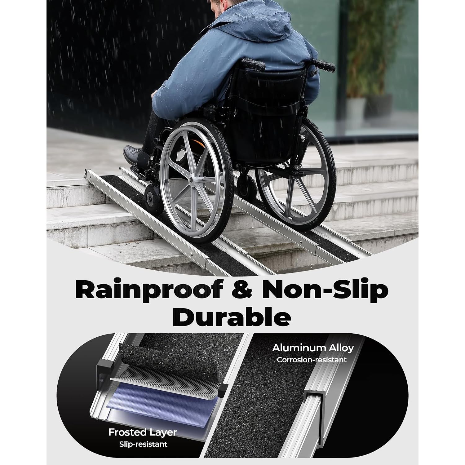 2X Rampas para Silla de Ruedas 90-150cm, Carga máx. 272 kg, Regulable, de Aluminio, Antideslizante, Portátil, Ligero, para Escalones,rampa portátil con Bolsillos de Tela