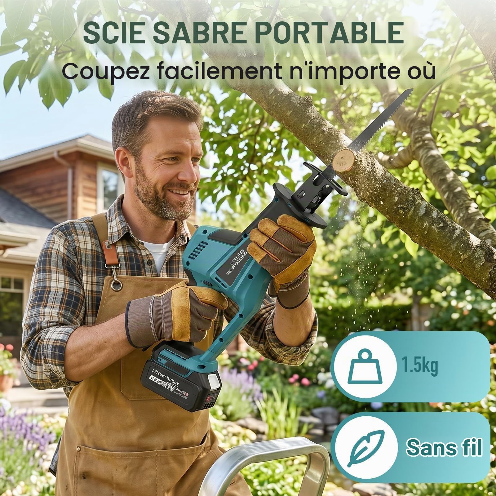 Scie Sabre Sans Fil avec 2 Batteries 4.0Ah, Moteur Brushless 0-3100 SPM, Course 22 mm, Compatible avec Makita 18V, Vitesse Variable, 4 Lames, Chargeur pour Couper Bois, Métal et PVC