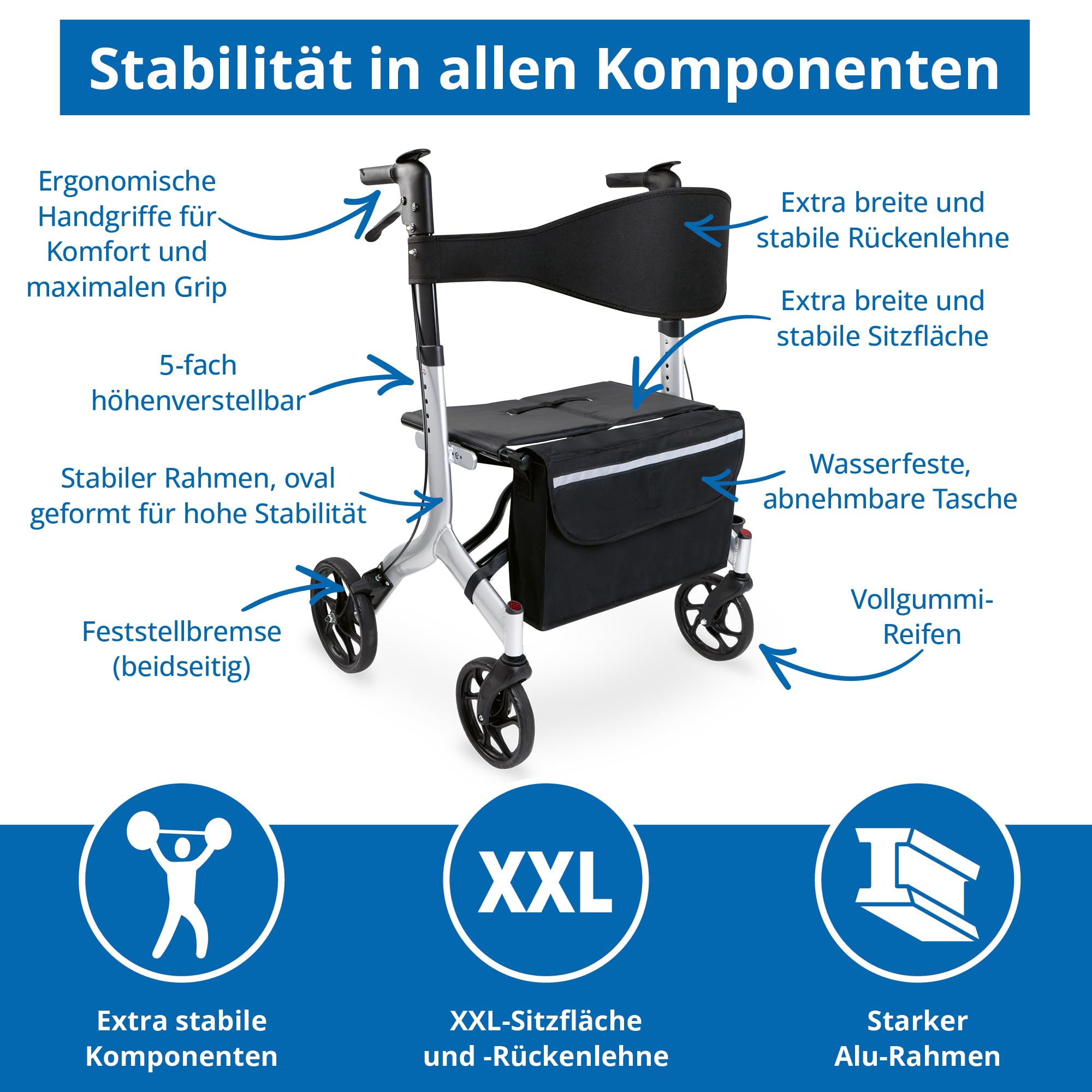 Weinberger 02262 Rollator XXL aus Aluminium, stabil, faltbar, Gehilfe XXL, mit Tasche, groß, schwarz, 10 kg