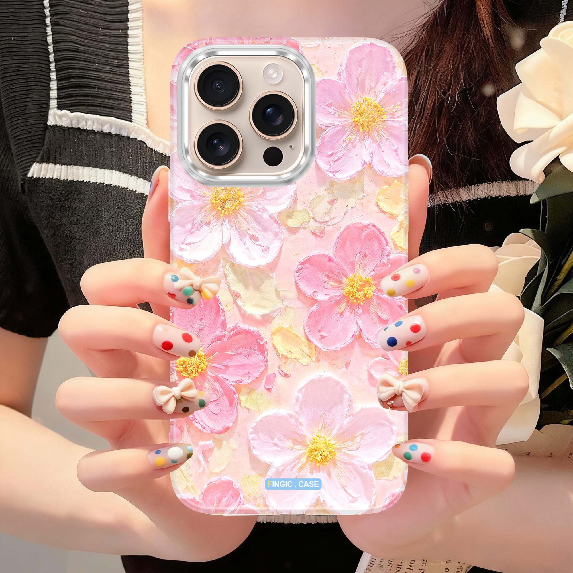 for iPhone 16 Pro Case[Glow in The Dark] Cute Vintage 3D Oil Painting Pink Floral Flower[Support Magnetic Car Mount] Nonslip Anti-Scratch Hybrid PC Edge Rugged Bumper Slim Phone Case,6.3inch,2024