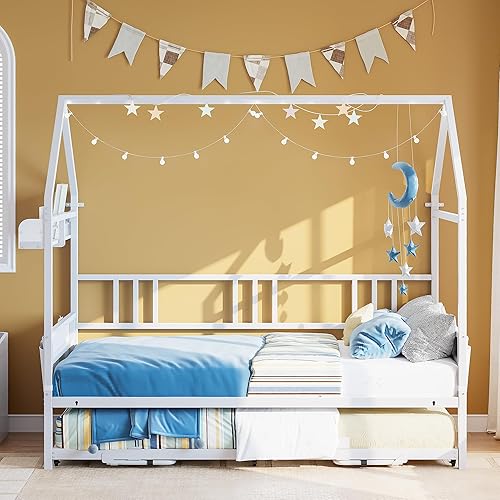 LIKIMIO Daybed with Pop Up Trundle, House Metal Twin Bed Frame with Bedside Storage,Sofa Day Bed for Living Room, Bedroom and Guest Room,White