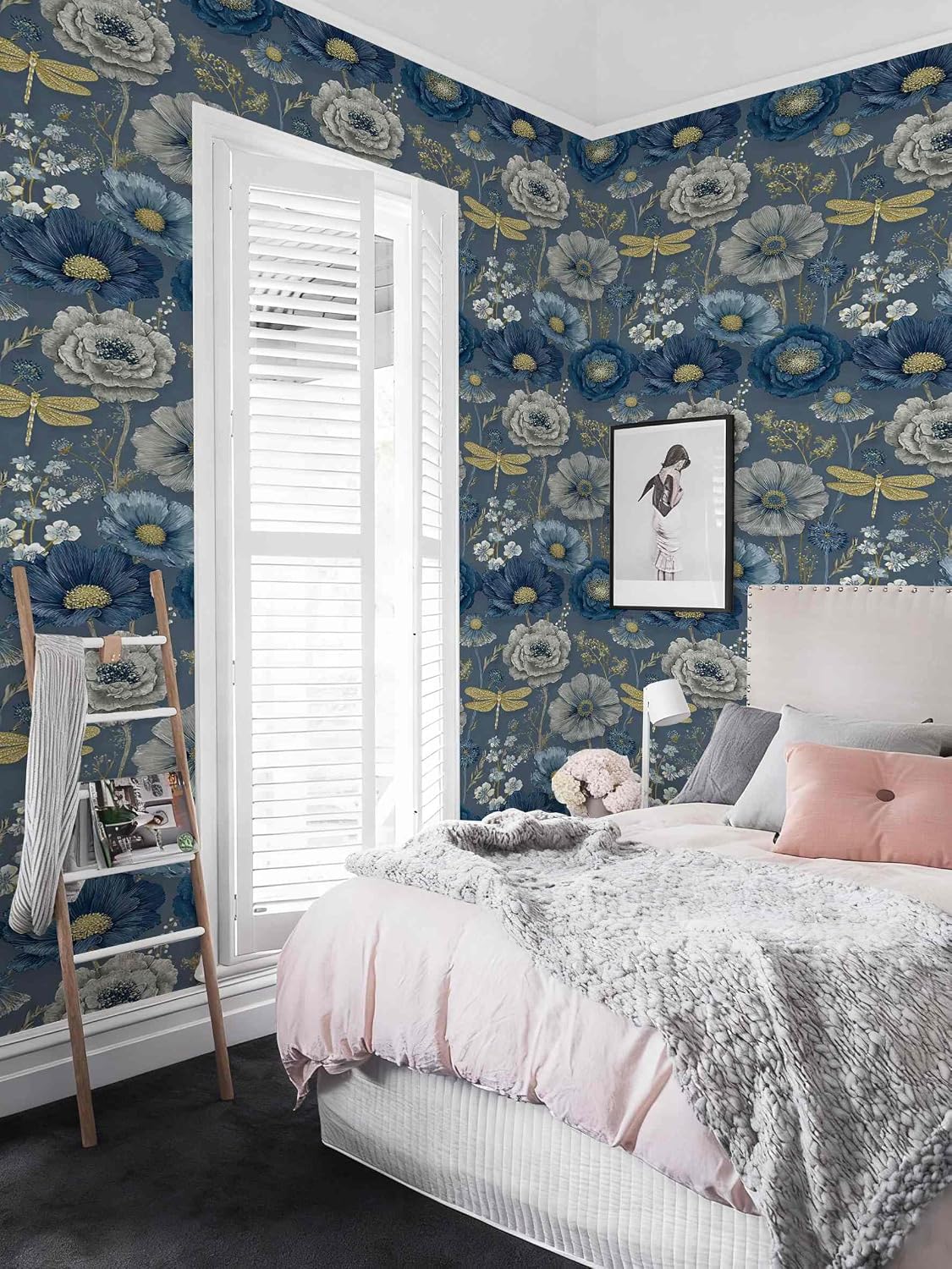 Retro Navy Blue Floral Leaf Peel and Stick Wallpaper (Blue Gold Gray) Botanical Pattern Wallpaper for Home Decor | 17.7" x 236", Self-Adhesive, Waterproof Vinyl