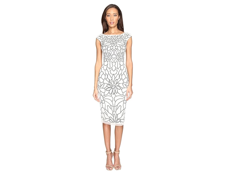 

Adrianna Papell Cap Sleeve Flower Beaded Dress (Ivory/Black) Women's Dress, Multi