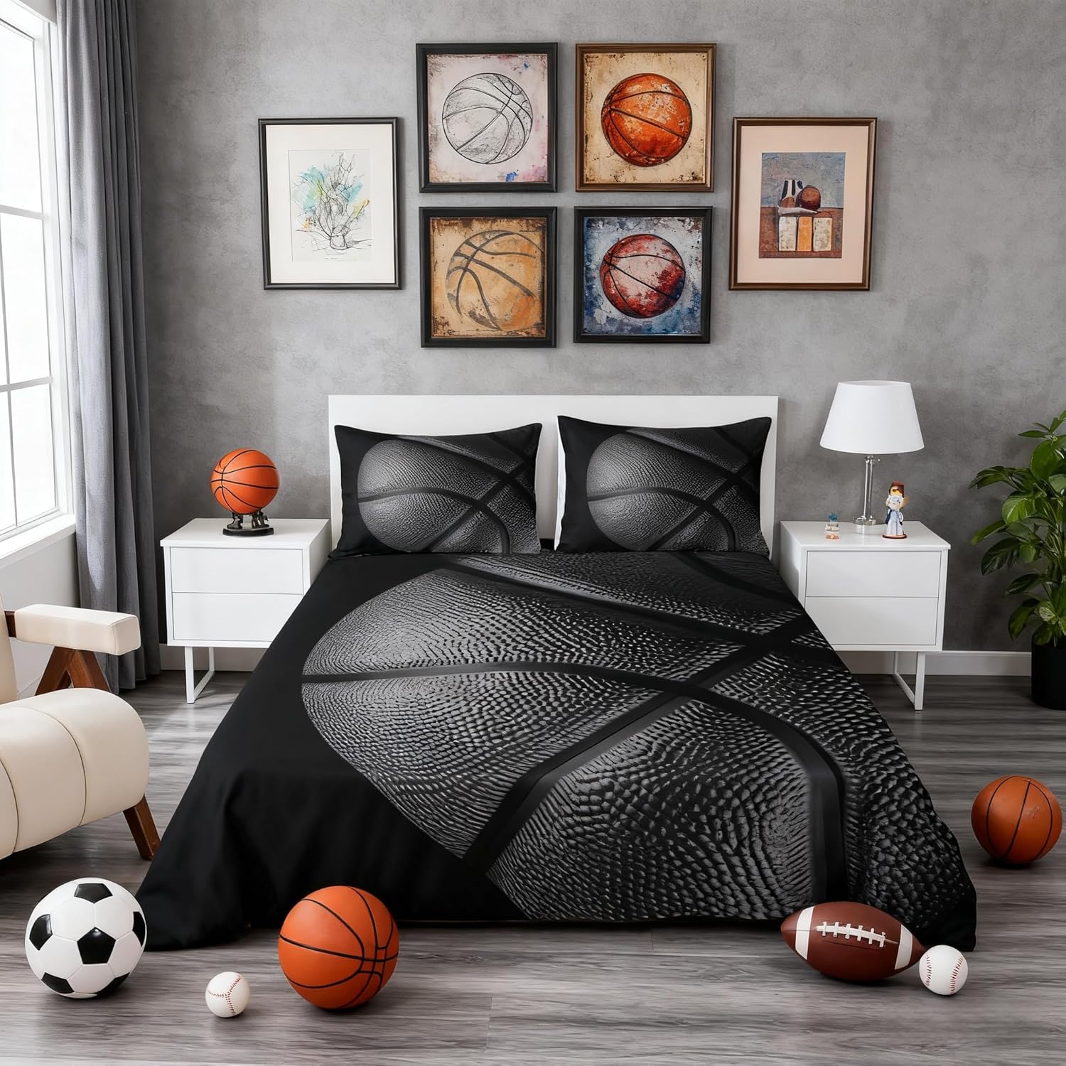Basketball Black Gray Bedding Sets Full Size Sports Game Collections Duvet Cover for Kids Comforter Cover Sets 1 Duvet Cover + 2 Pillow Cases,NO Comforter