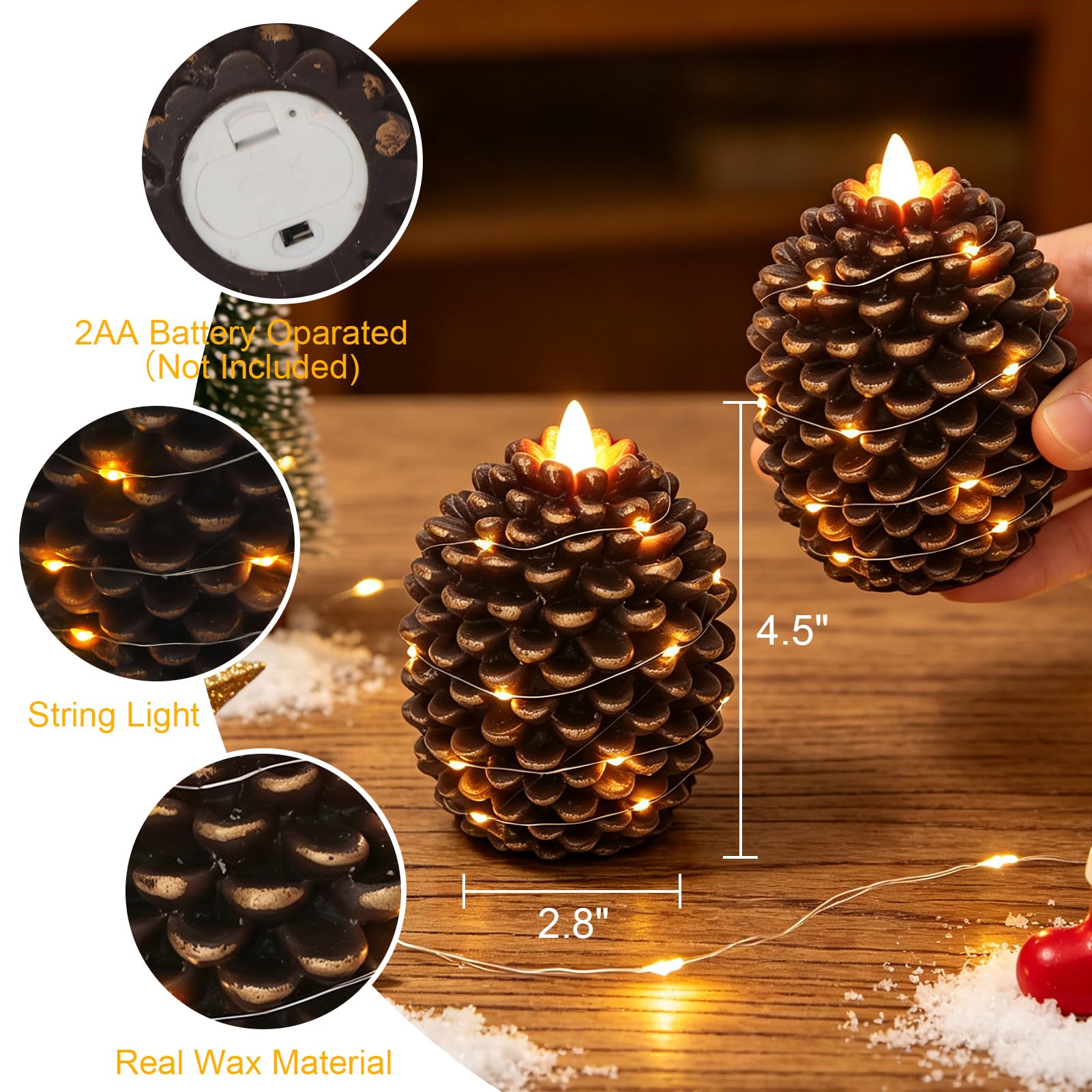 Wondise Velas sin llama de cono de pino con cadena de luces de temporizador
