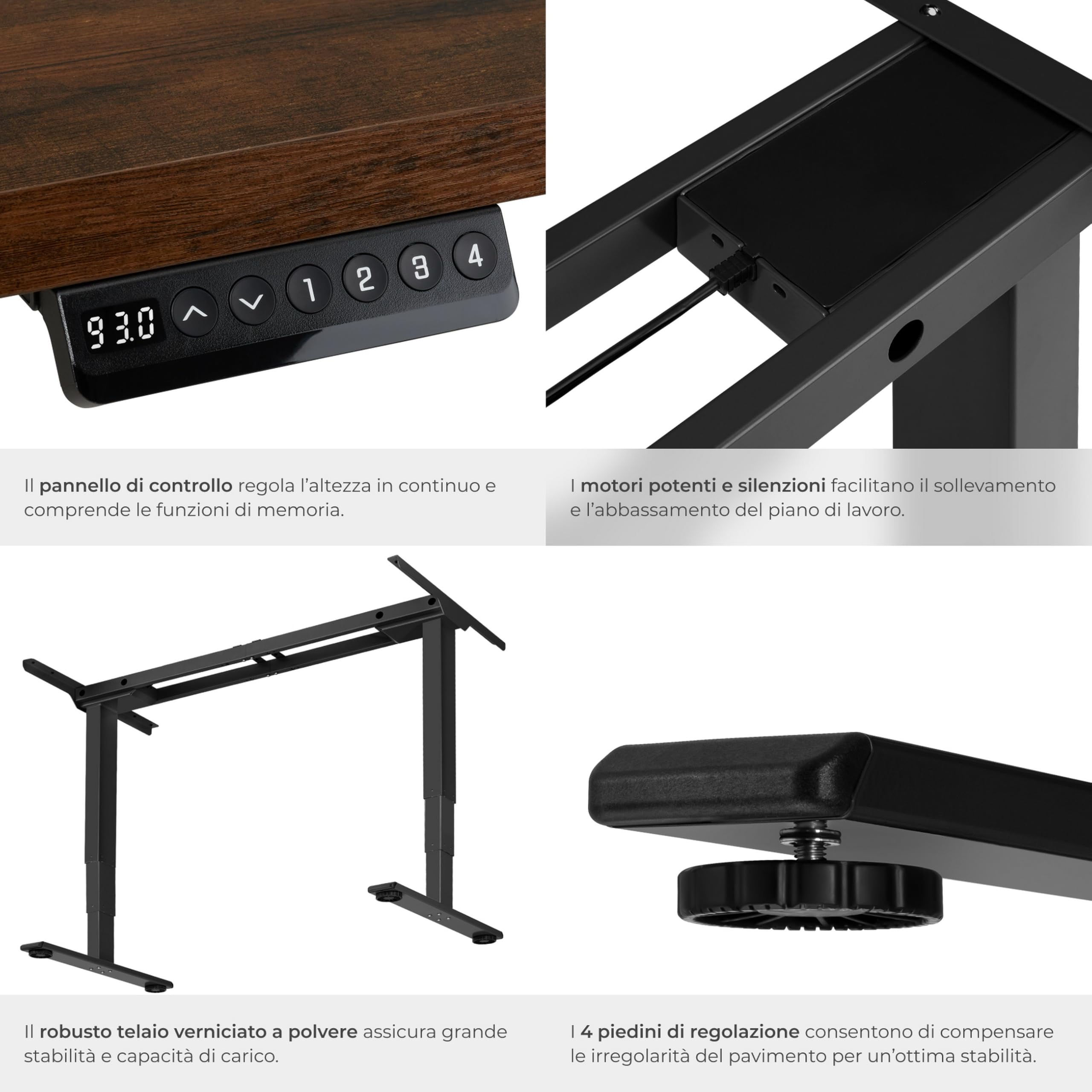 tectake® Telaio per Scrivania Regolabile in Altezza, 110-168 x 60 x 60-125 cm, 2 Motori Elettrici 52W cad, Memoria Posizioni, Tavolo Ufficio, Scrivania Gaming, Studio, Capacità max 100 kg - Nero