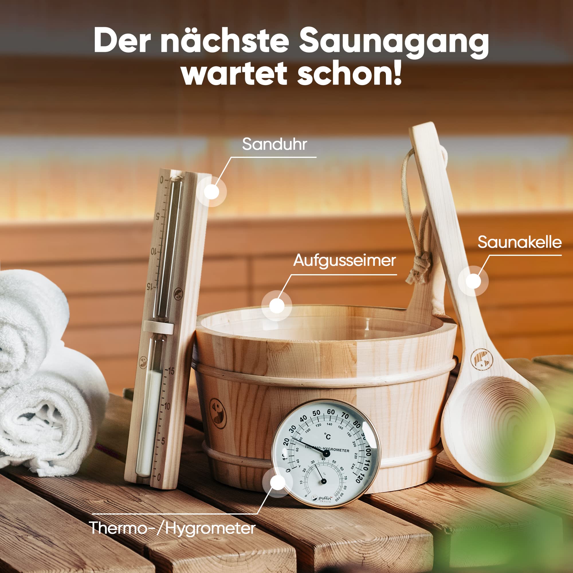 Sauna Zubehör Set | Saunathermometer, Hygrometer, Sanduhr, Aufguss Eimer & Saunakelle | Das perfekte Saunazubehör für Zuhause