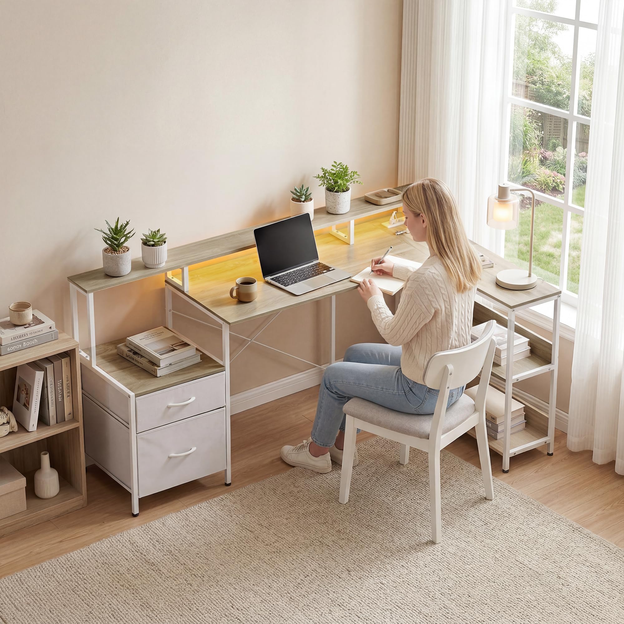 HOMCOM Bureau d'angle avec Prises et Lumières LED RGB 172x100cm Blanc