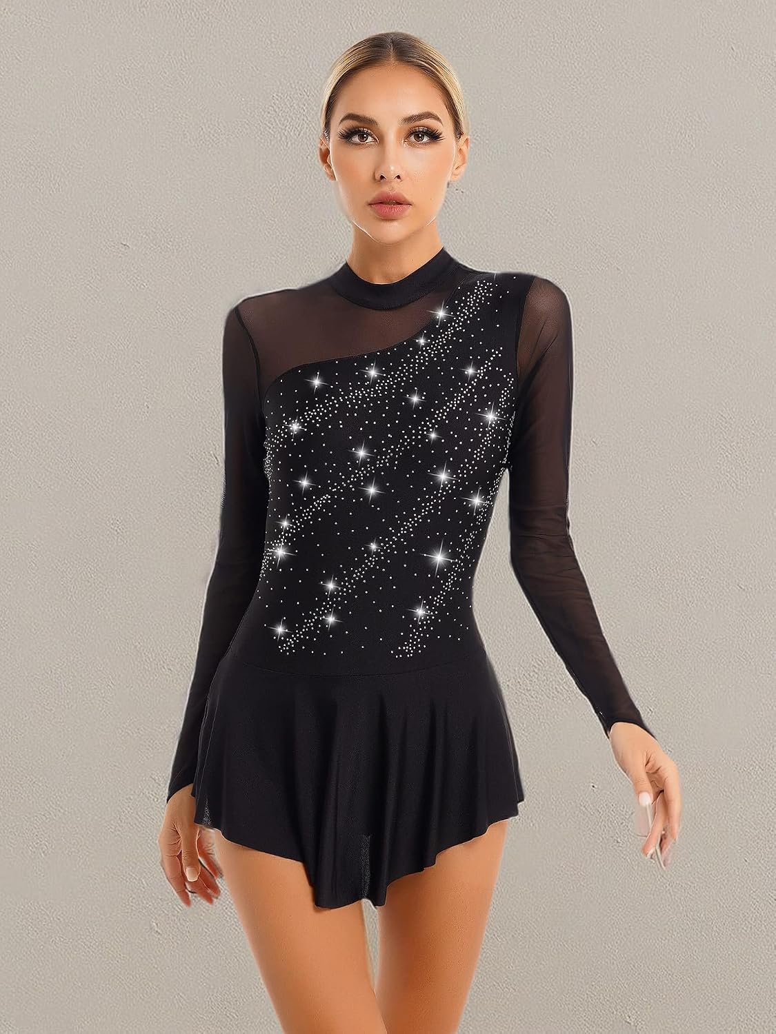 Freebily Women's Figure Ice Skating Dress Long Sleeve Shiny Rhinestones Roller Skating Lyrical Dance Costume