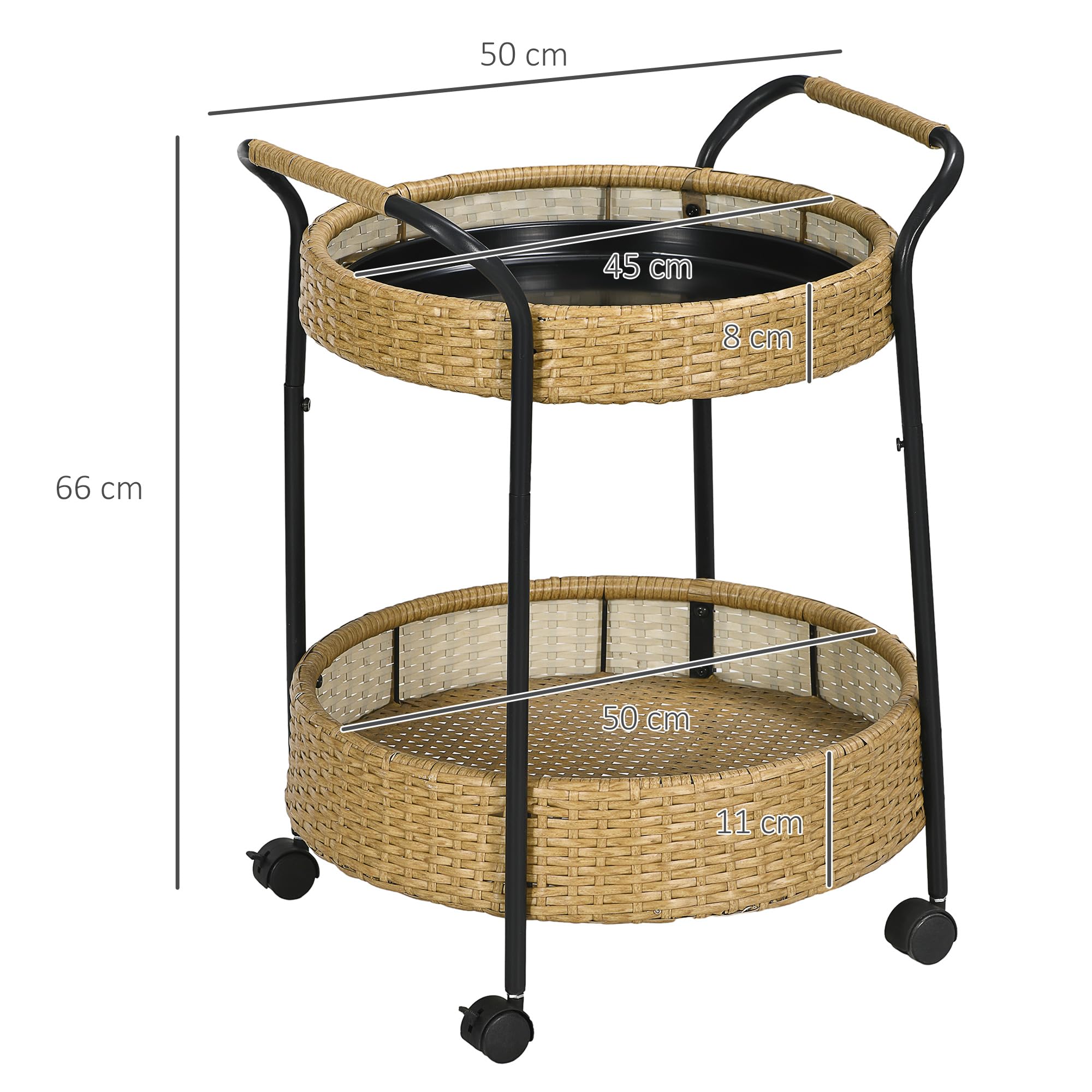 Outsunny Servierwagen Rattan Trolley mit 2 Regalen, Runde Küchenwagen, Gartenrollwagen mit Griffen, Outdoor Barwagen für Balkon, Stahlrahmen, Φ50 x 66 cm, Natur