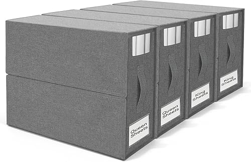 WDZREE Paquete de 4 organizadores de sábanas y almacenamiento (tamaño Queen y King), caja de almacenamiento plegable para juego de funda de edredón,