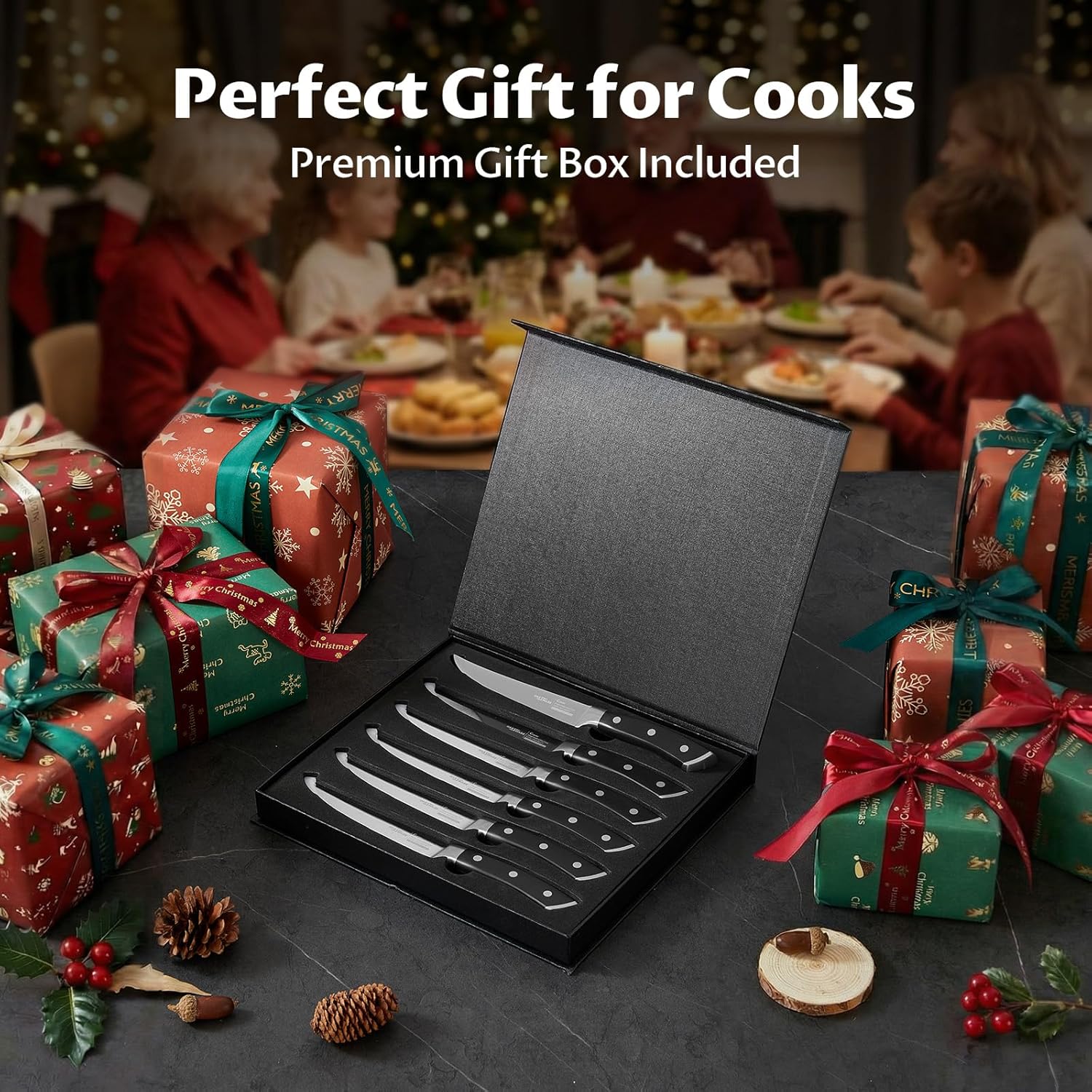 OAKSWARE Steak Knives Set of 6, 5 Inch Non Serrated Steak Knife, Razor-Sharp German Stainless Steel Dinner Knives, Durable Full Tang Forged Straight Edge Meat Knife for Home Dining&Gift