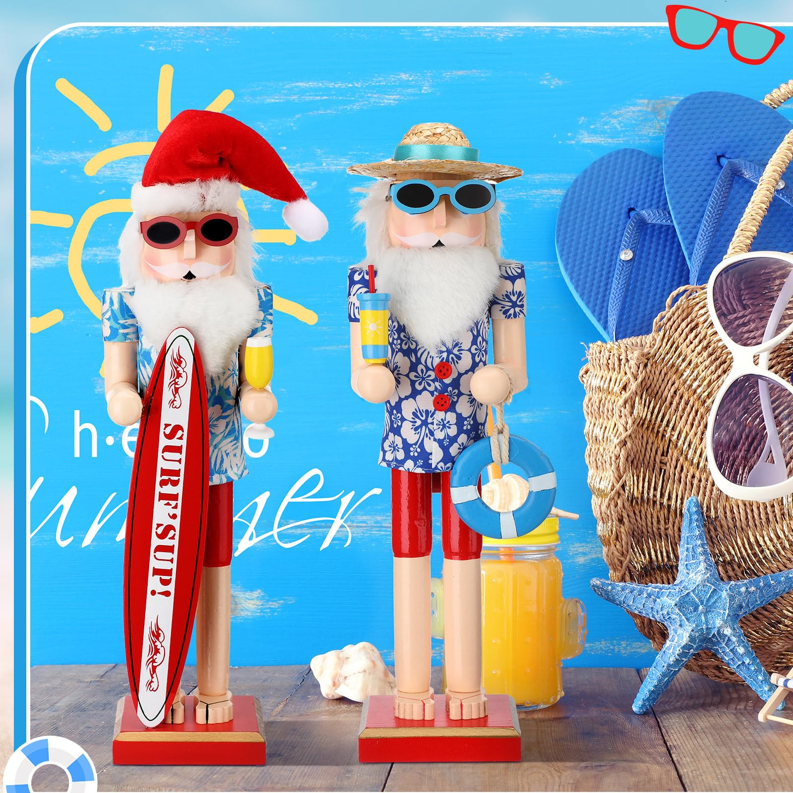 RattanView 38,1 cm großer Nussknacker aus Holz, Sommer, Hawaii, Surfer, Weihnachtsmann, Nussknacker-Figuren, groß, Strand, Weihnachten, Tischdekoration, Festival-Regale, Dekorationen