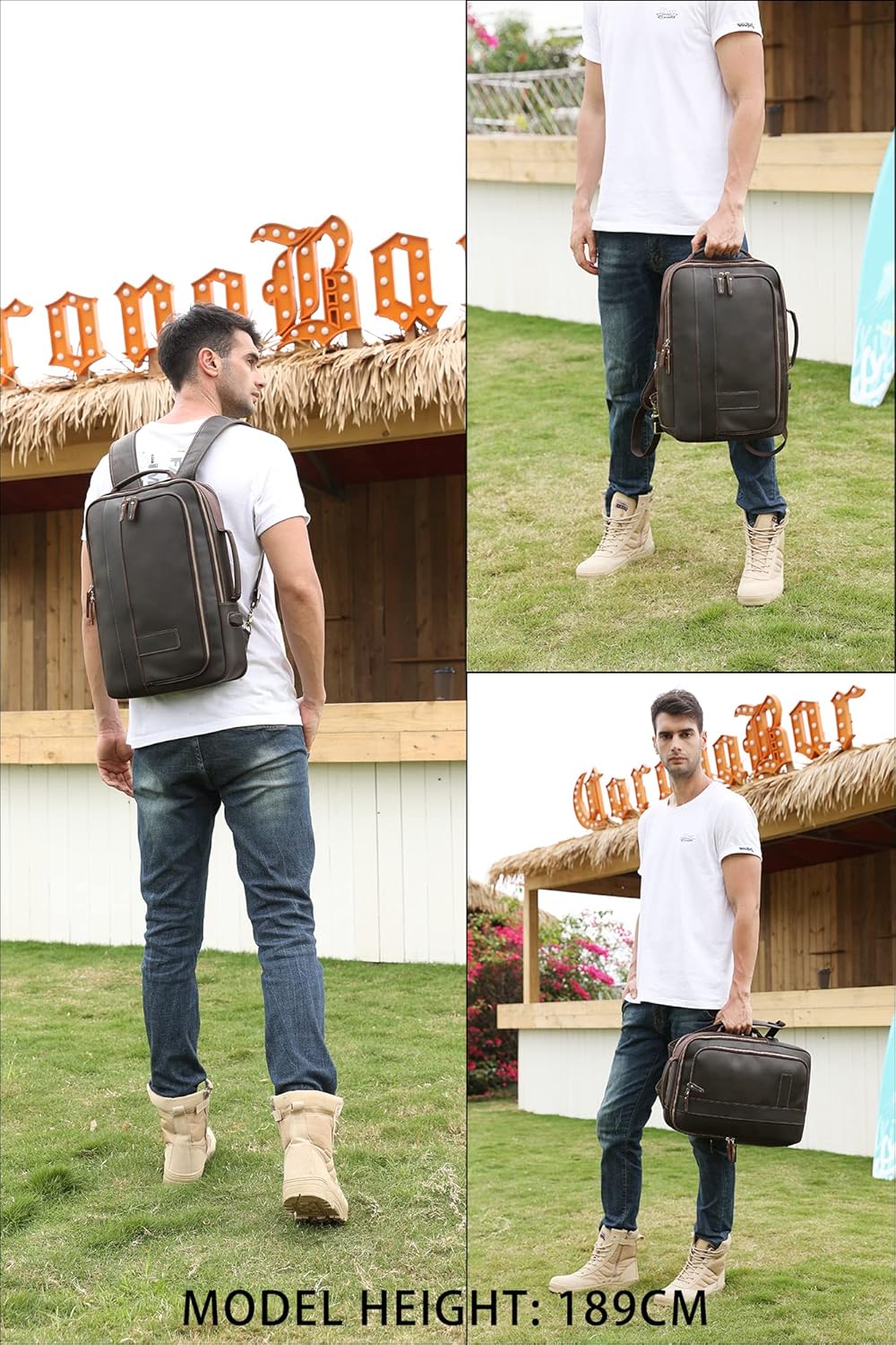 LANNSYNE Men's Full Grain Leather Expandable 15.6 Laptop Backpack Tote Shoulder Travel Bag Rucksack - Image 7