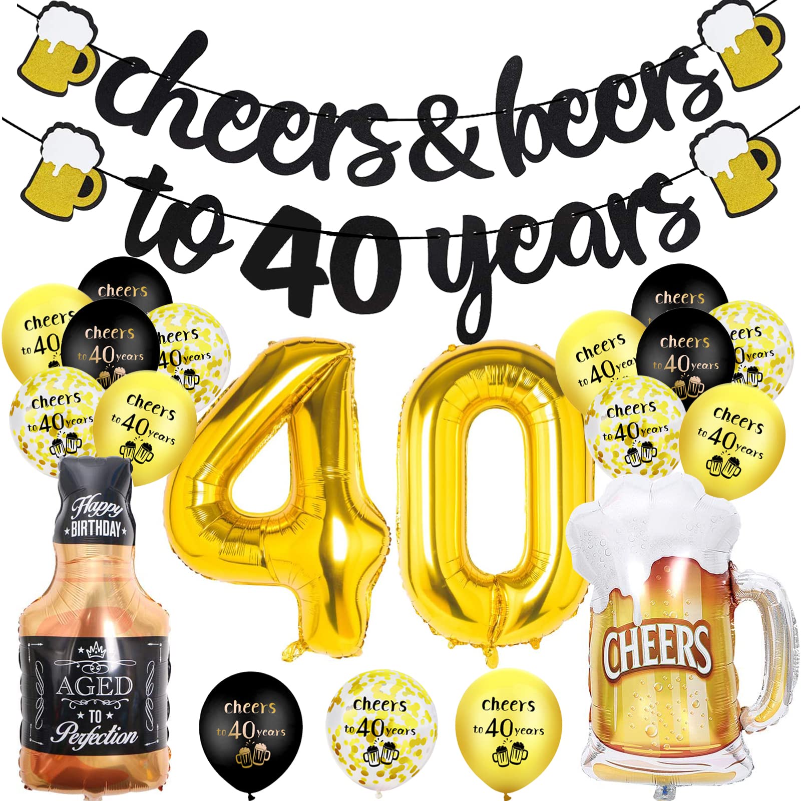 Geburtstag Deko, Geburtstag Männer Frauen, Happy Birthday Geburtstagdeko mit Jubel Banner,Nummer Folienballons, Schwarz Gold Luftballons Konfetti Luftballons für 18 30 40 50 60 Jahre Mann Frauen