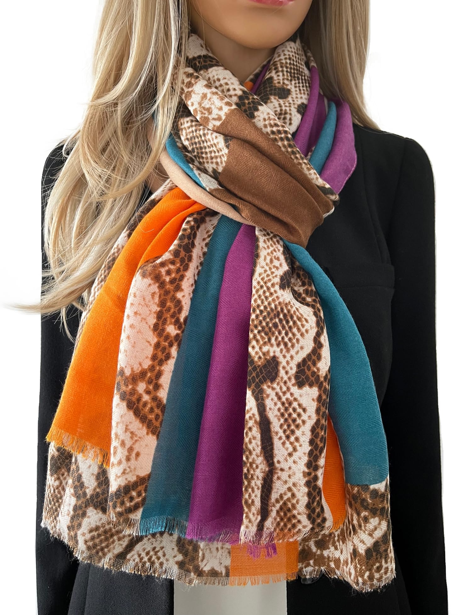 The Accessory Co. Large Snakeskin Scarf for Women – Leopard Print Block Design – Lightweight Animal Print Shawl Wrap – Stylish Neck Scarf for Women