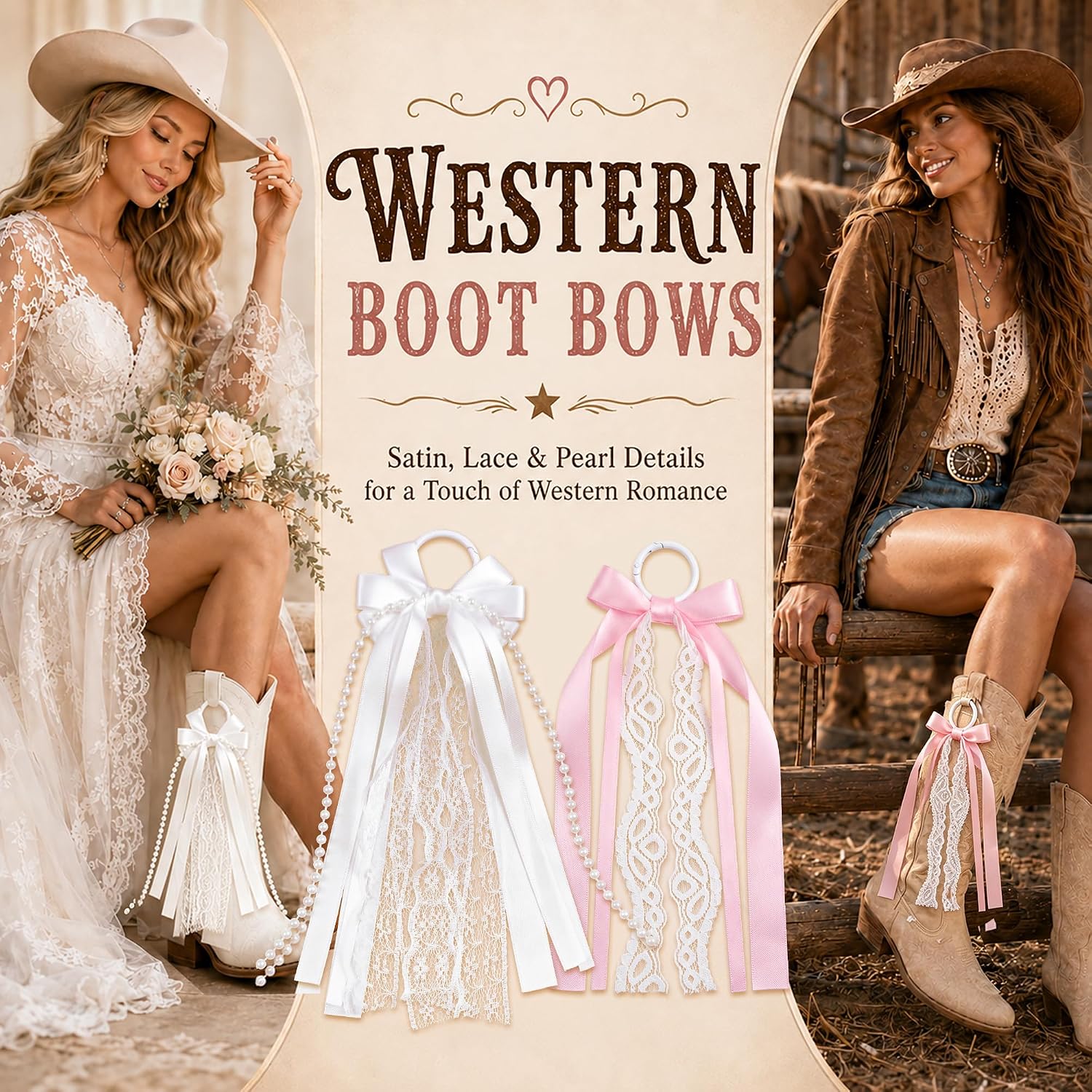 4PCS Pink White Boot Bows for Cowboy Boots Satin Lace Pearl Charms | 4pcs boot bows,satin lace pearl detail,strong clip hold,pink White set,anti slip,cowboy boots decor,party accessory